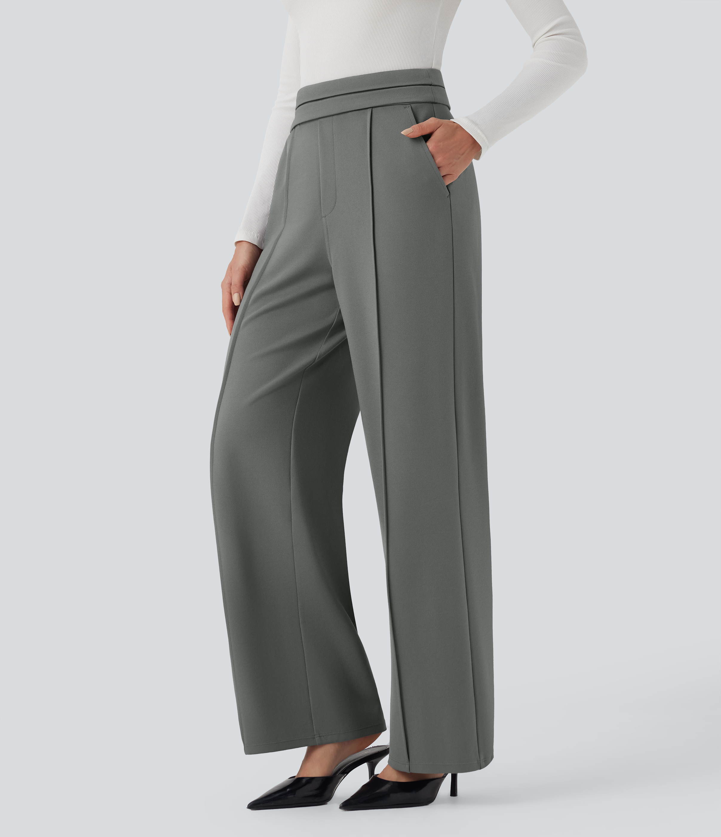 Putty Gray Pantalones de oficina de tiro alto con pierna recta y bolsillos / 1