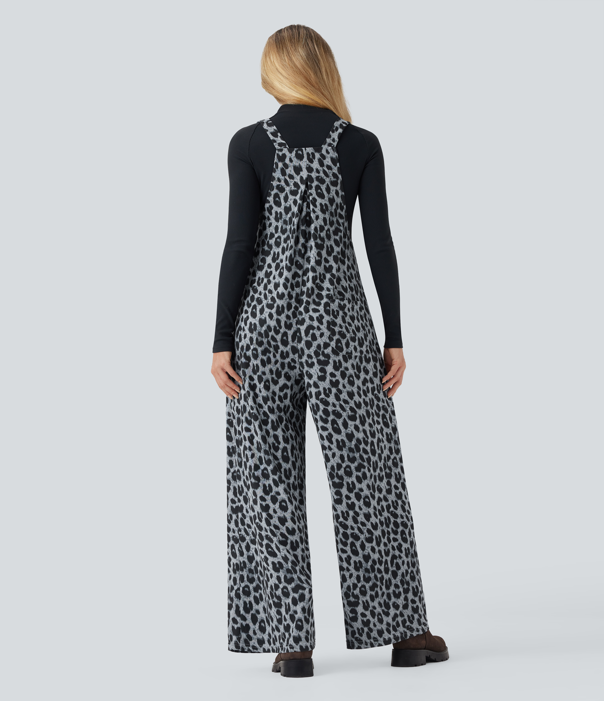 Frosted Panther Leopard Print Waffle Casual Overalls with Pockets / 2