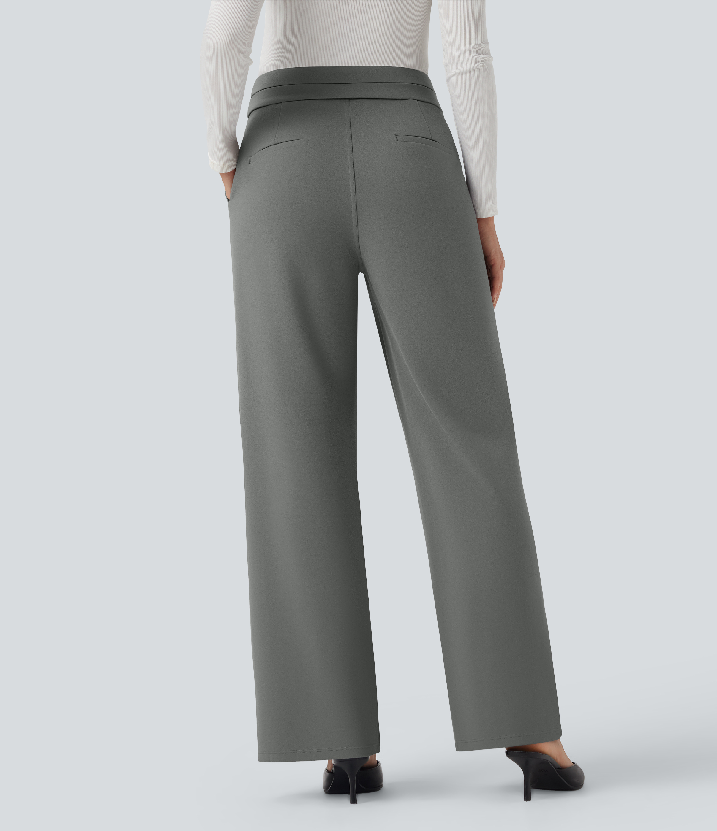 Putty Gray Pantalones de oficina de tiro alto con pierna recta y bolsillos / 2