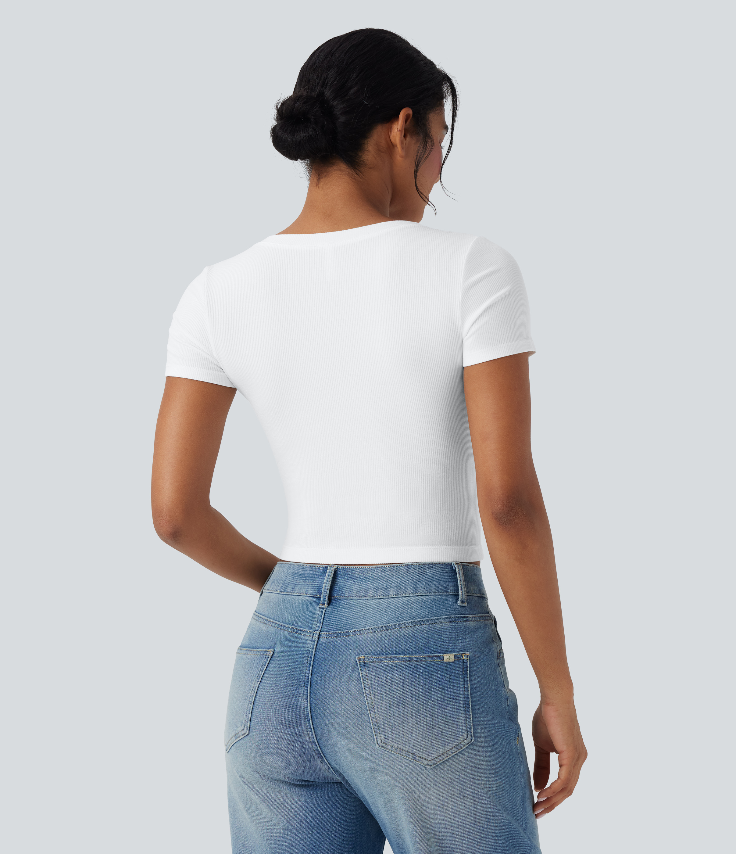 Weiß Geripptes Strick V-Ausschnitt Kurz-Arm Cropped Arbeits-T-Shirt / 2