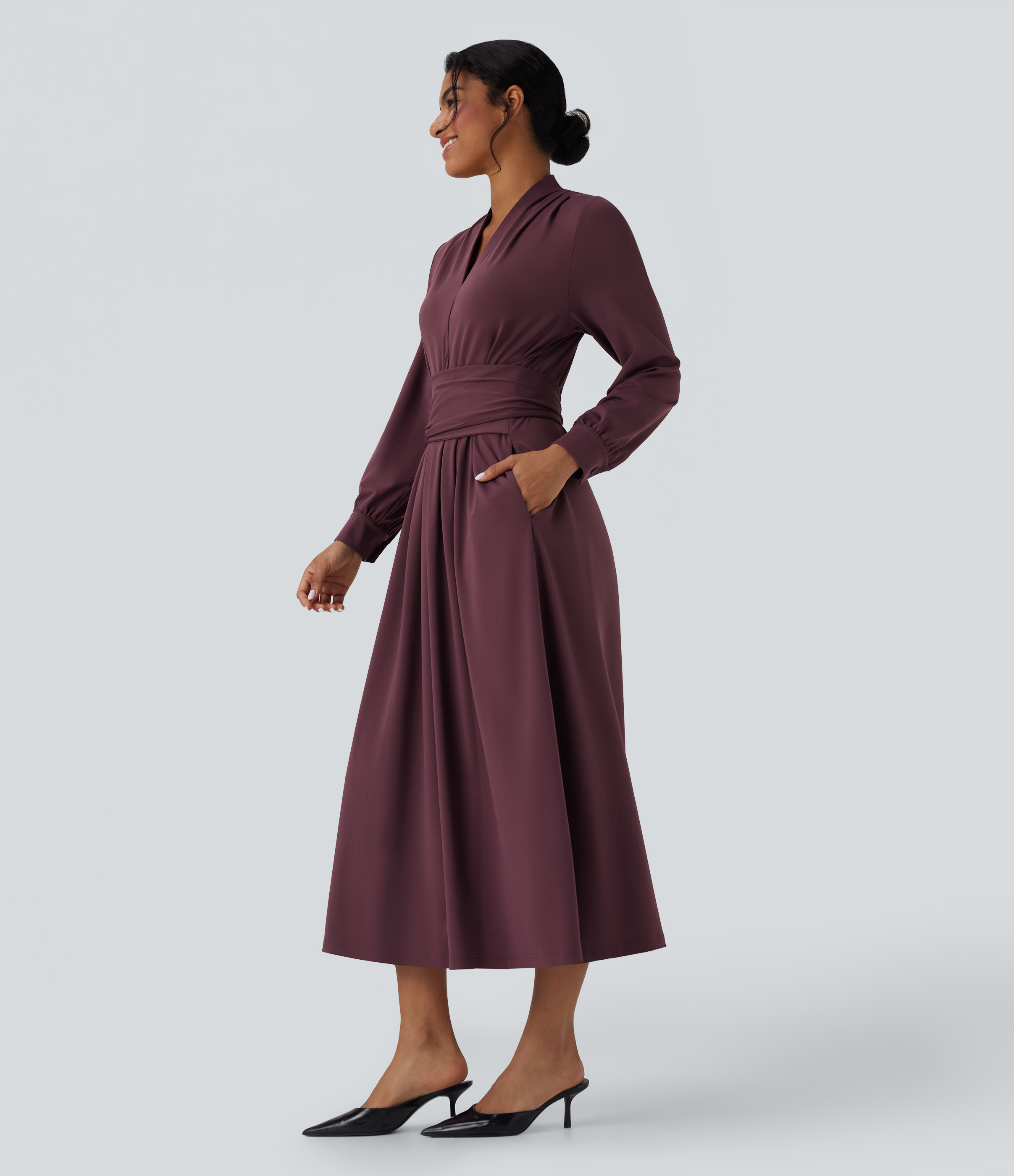 V-neck Long Sleeve Tie Back Midi Work Dress with Pockets