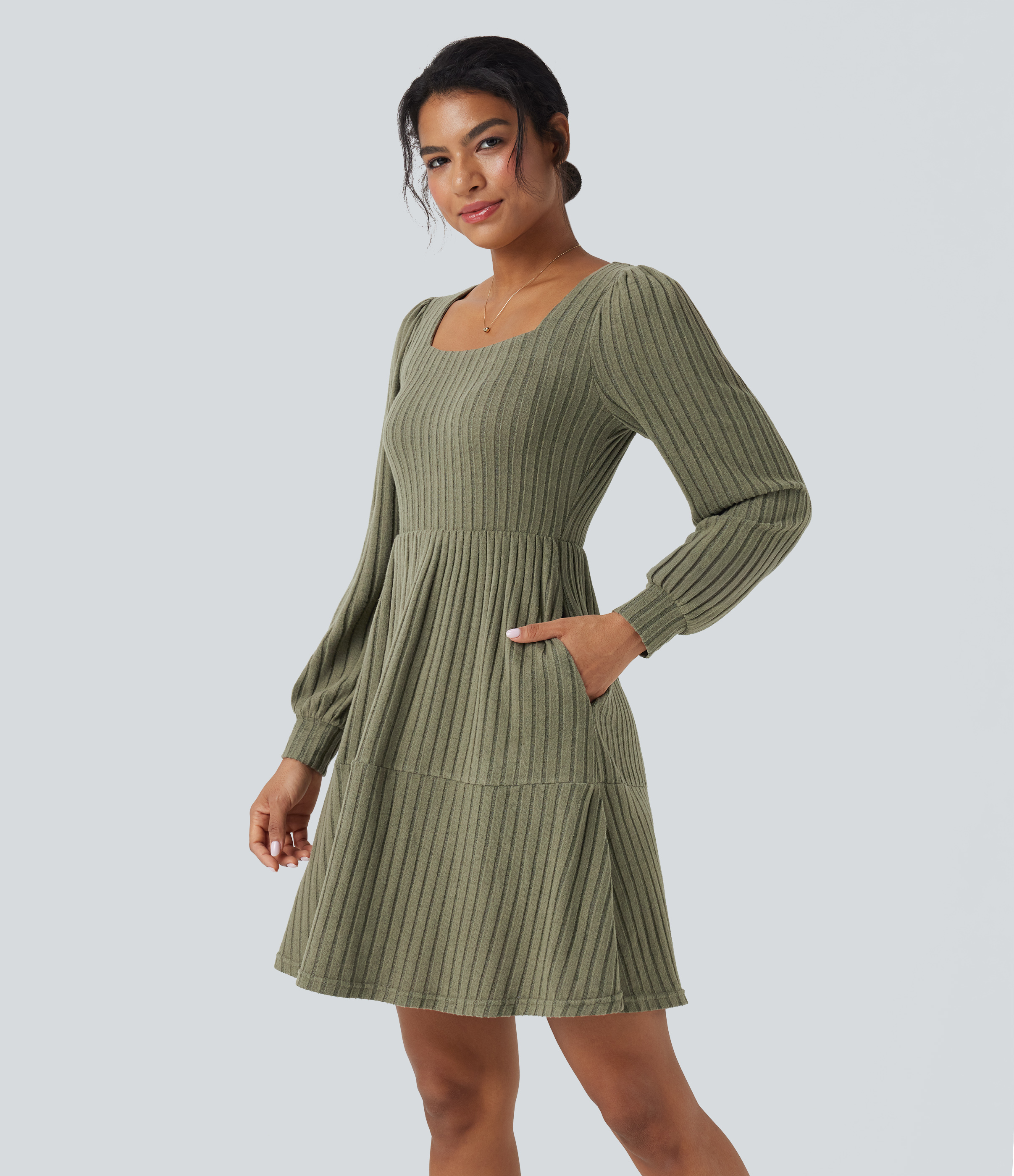 Ribbed Knit Square Neck Puff Long Sleeve Casual Dress with Pockets