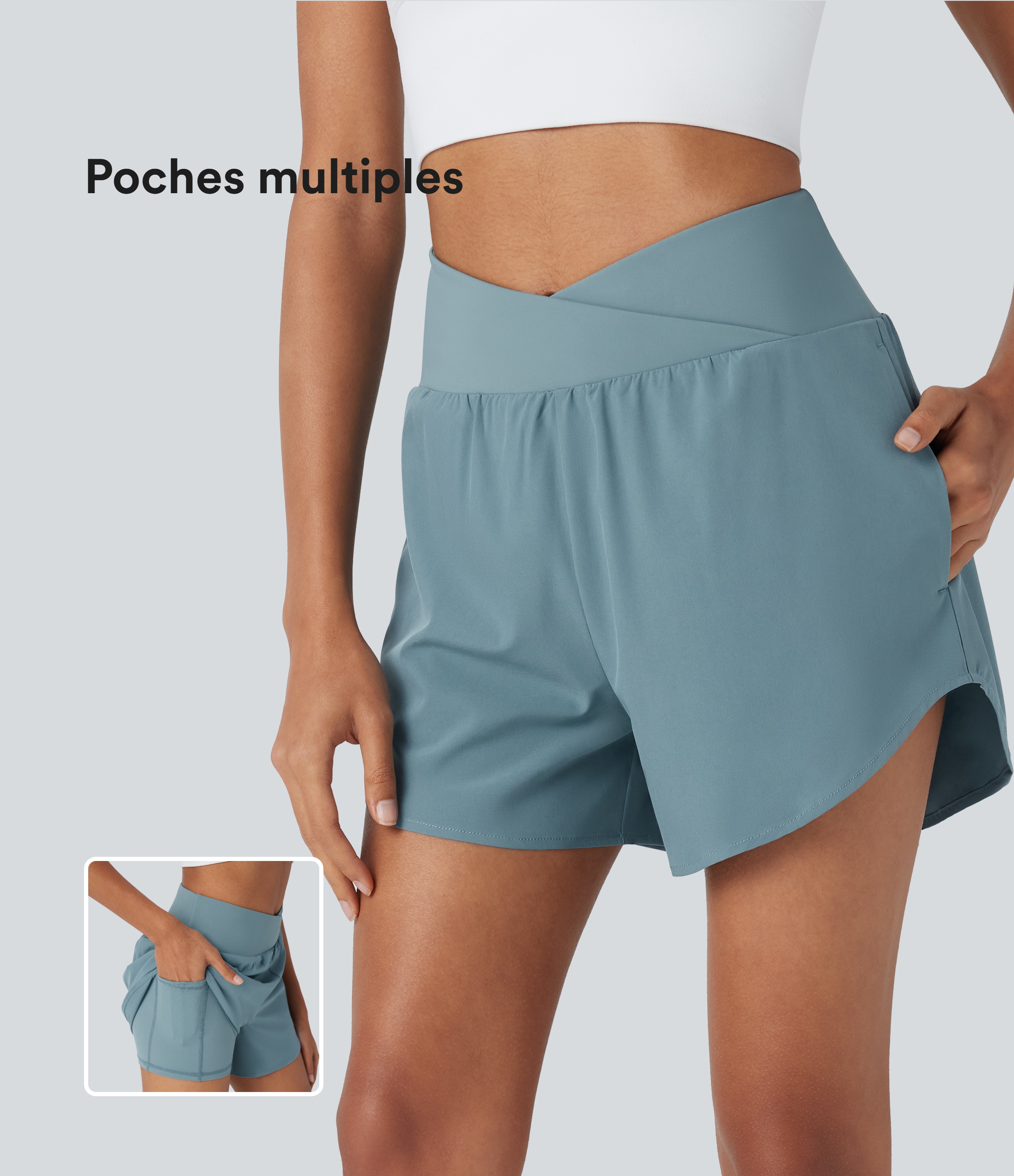 Stone Blue Short yoga 2-en-1 Breezeful™ taille haute croisé séchage rapide avec poches multiples / 1