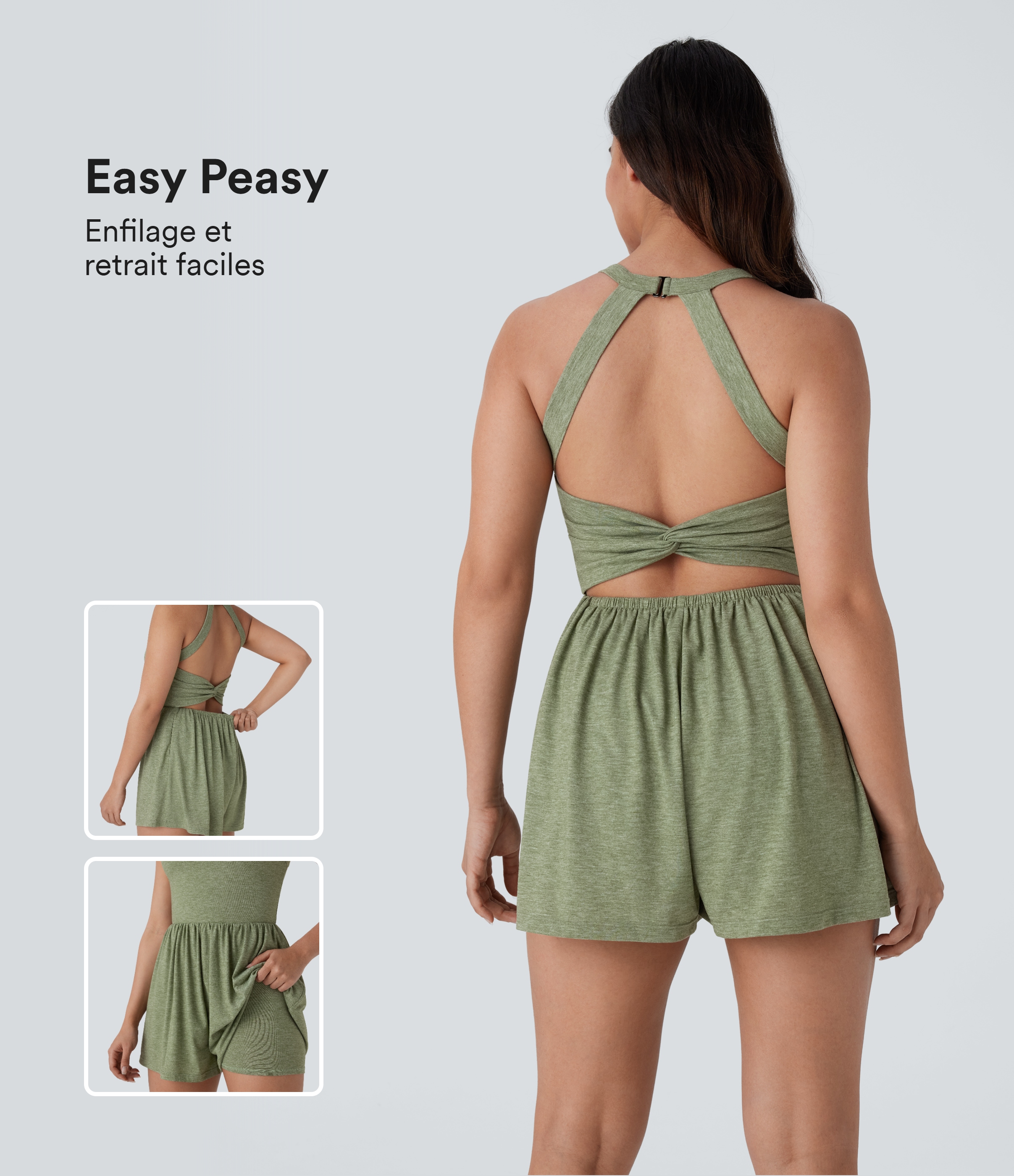 Combishort de villégiature 2-en-1 à dos nu, design torsadé, poches latérales - Édition Easy Peasy