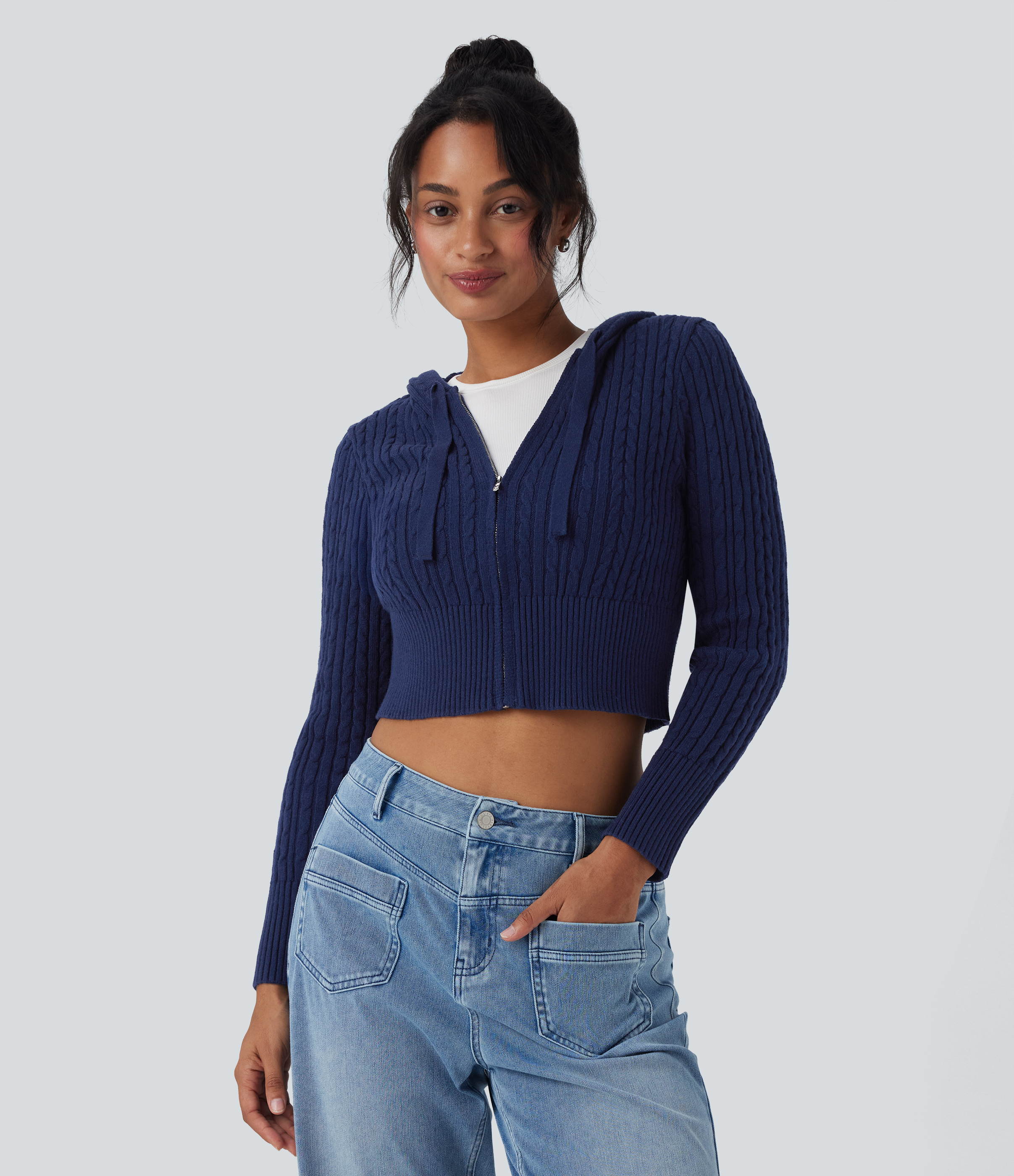 Hooded Zipper Cropped Casual Cardigan