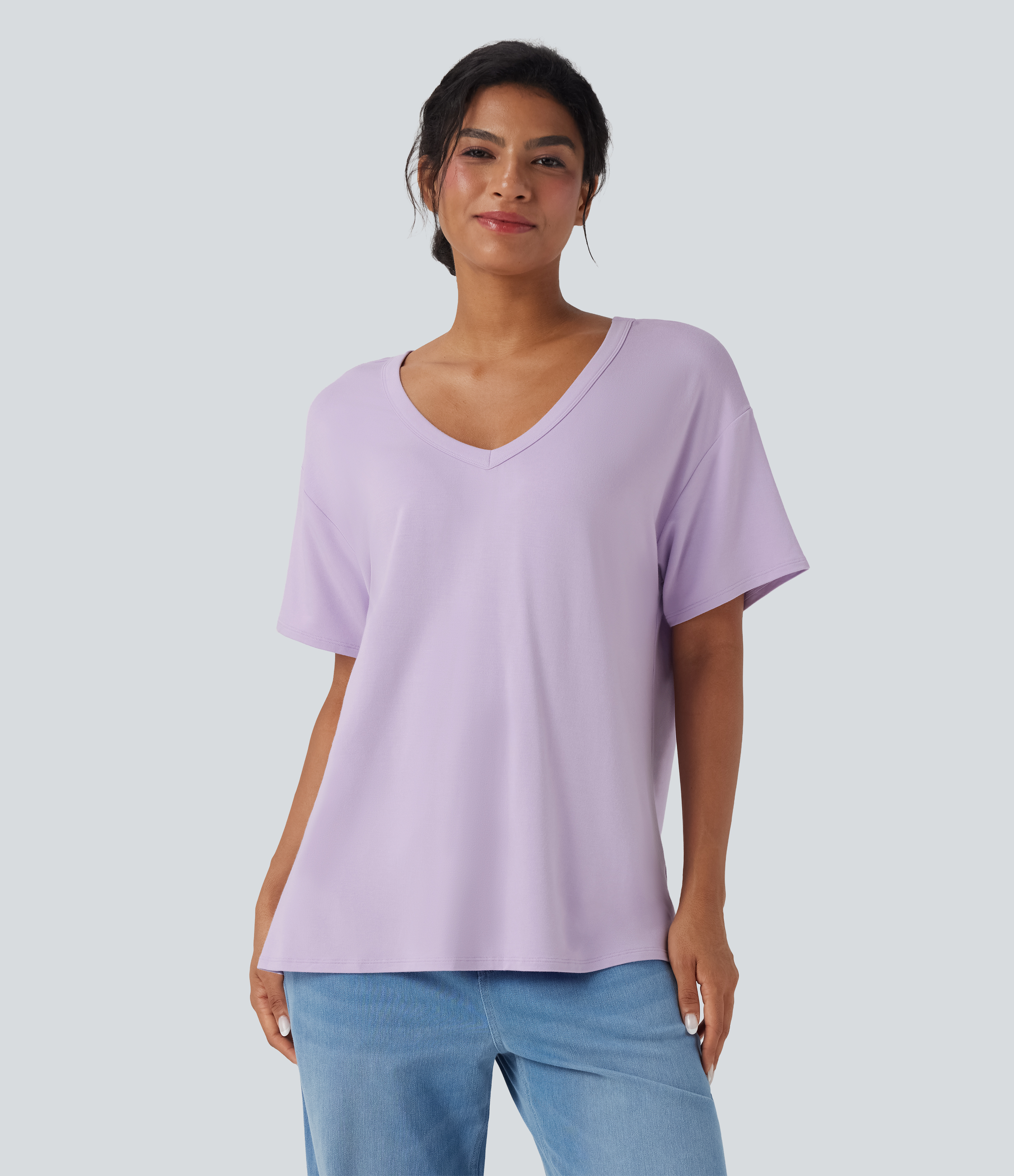 Misty Purple Top casual holgado de manga corta con escote en V profundo / 1