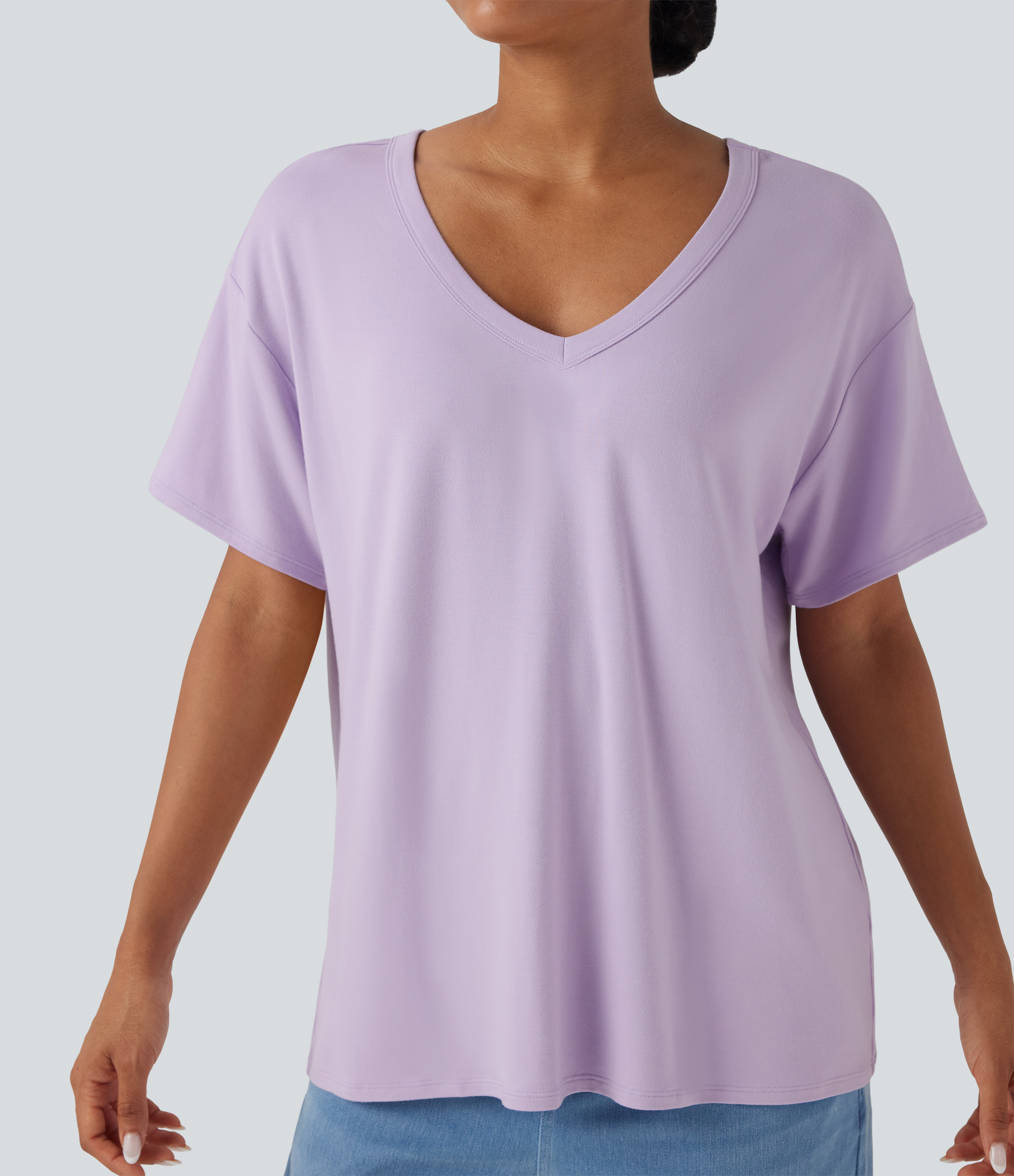 Deep V-neck Short Sleeve Relaxed Casual Top - Halara