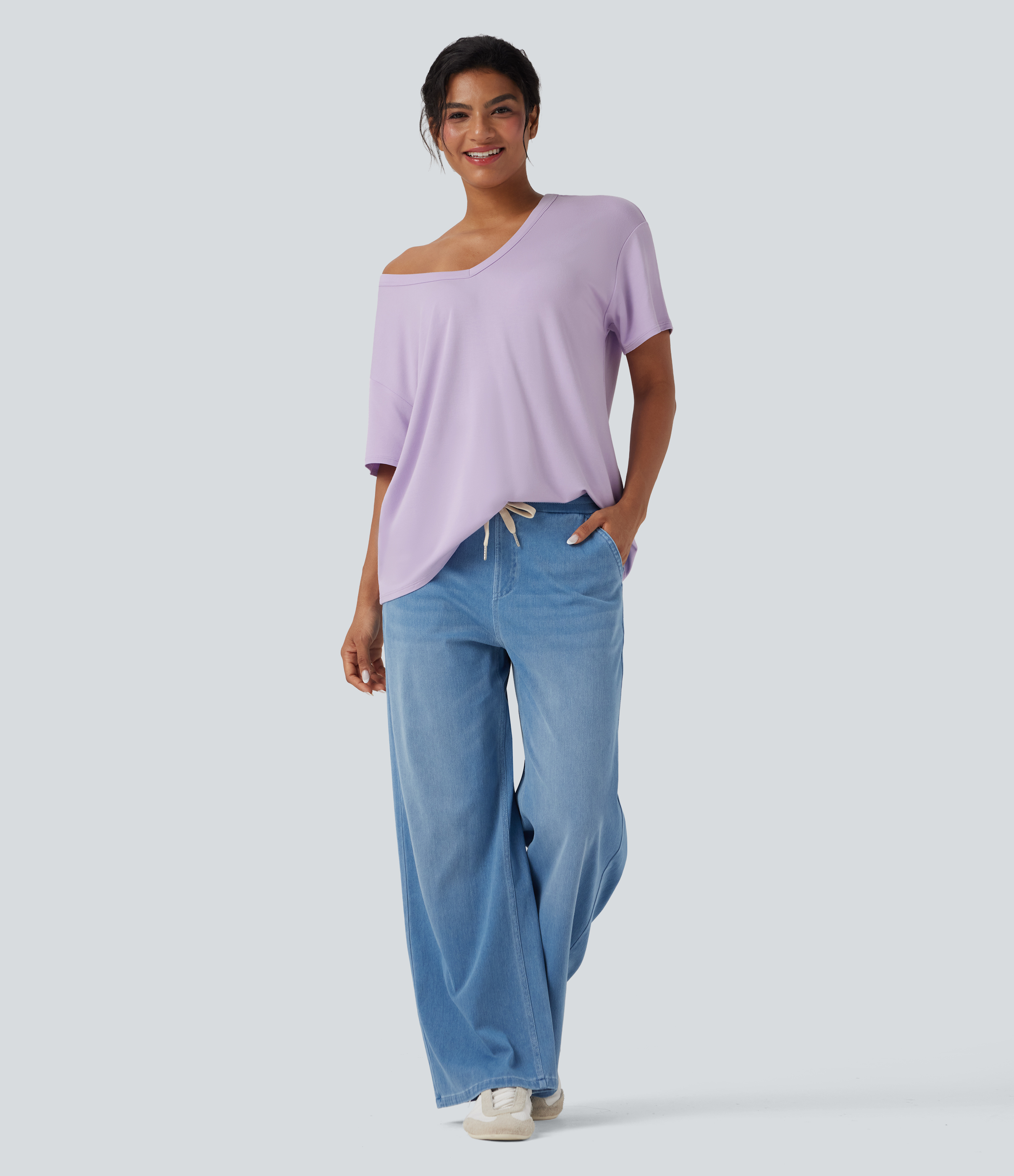 Deep V-neck Short Sleeve Relaxed Casual Top - Halara