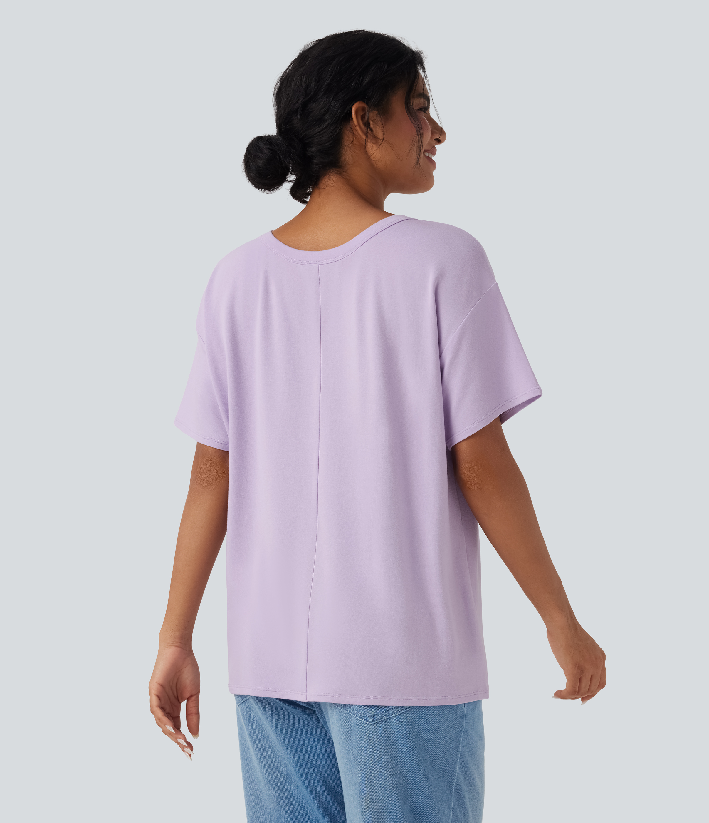 Misty Purple Top casual holgado de manga corta con escote en V profundo / 2