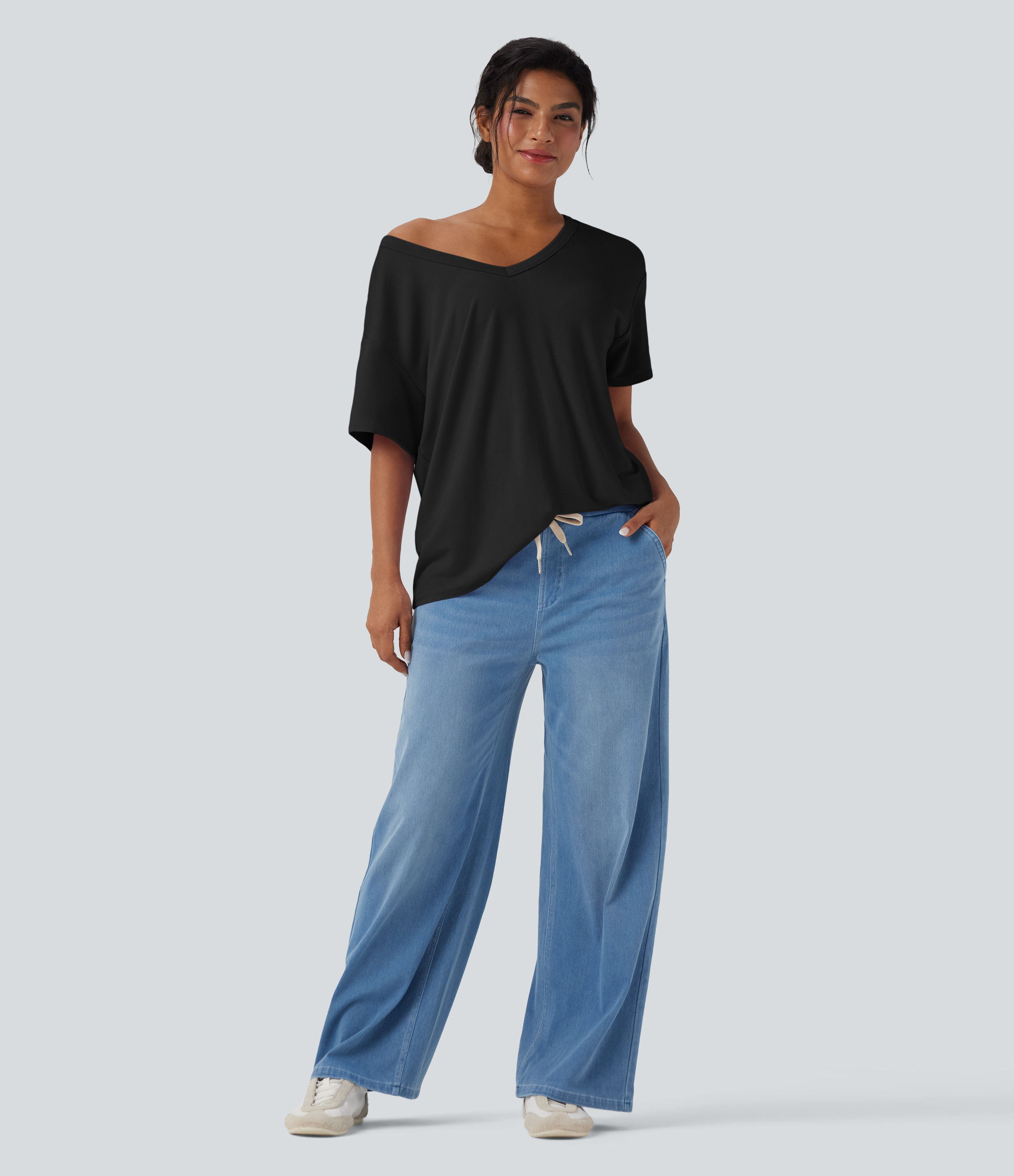 Deep V-neck Short Sleeve Relaxed Casual Top - Halara