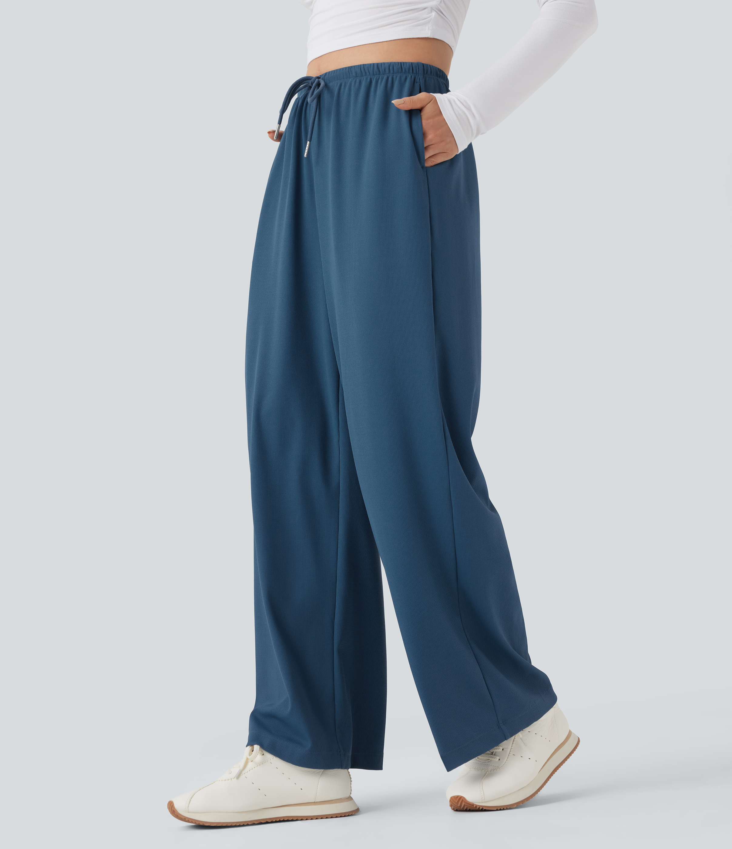 Mittlere Taille Kordelzug Gerade Bein Waffel Strick Yoga Hose mit Taschen