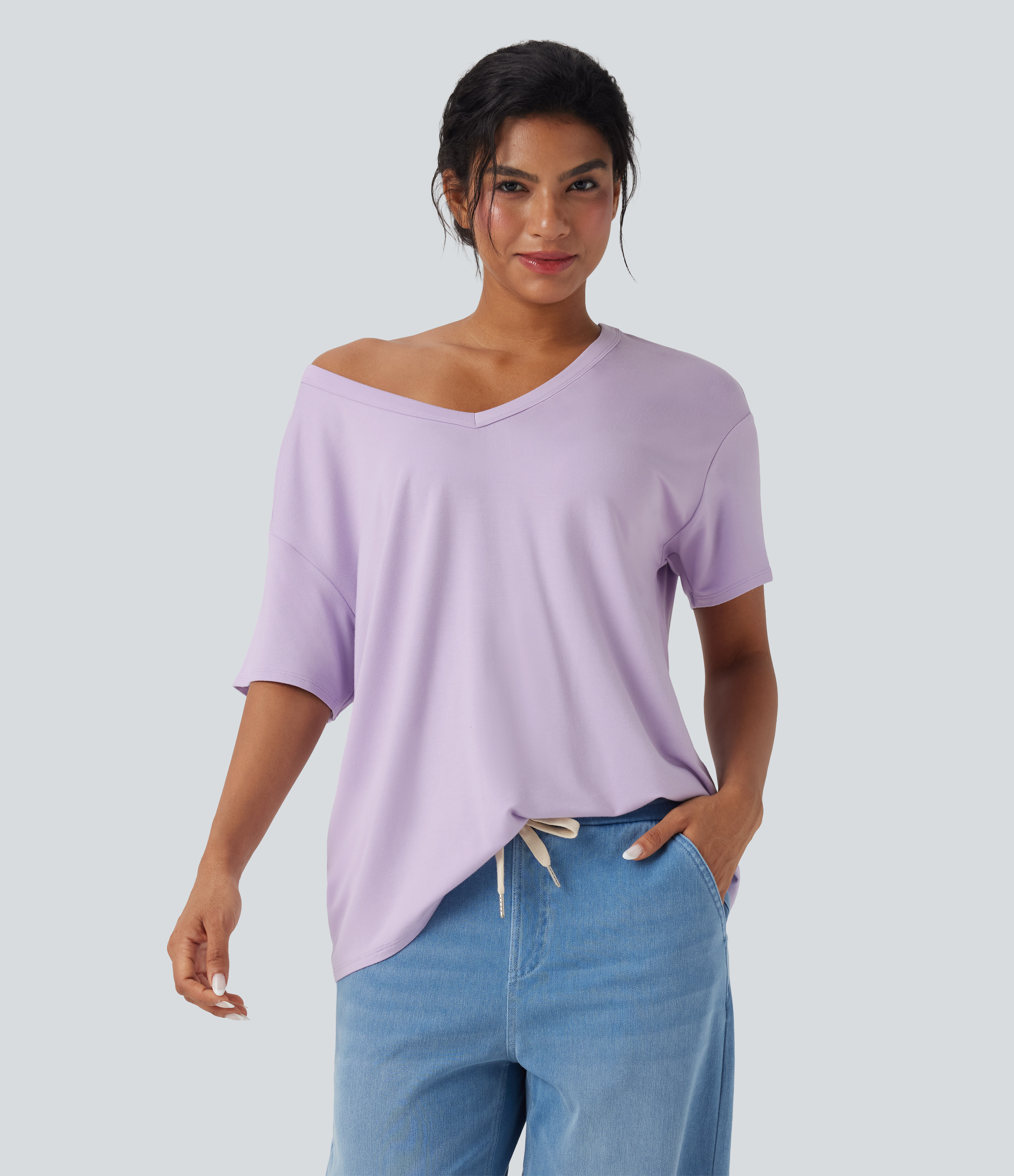 Misty Purple Deep V-neck Short Sleeve Relaxed Casual Top / 1
