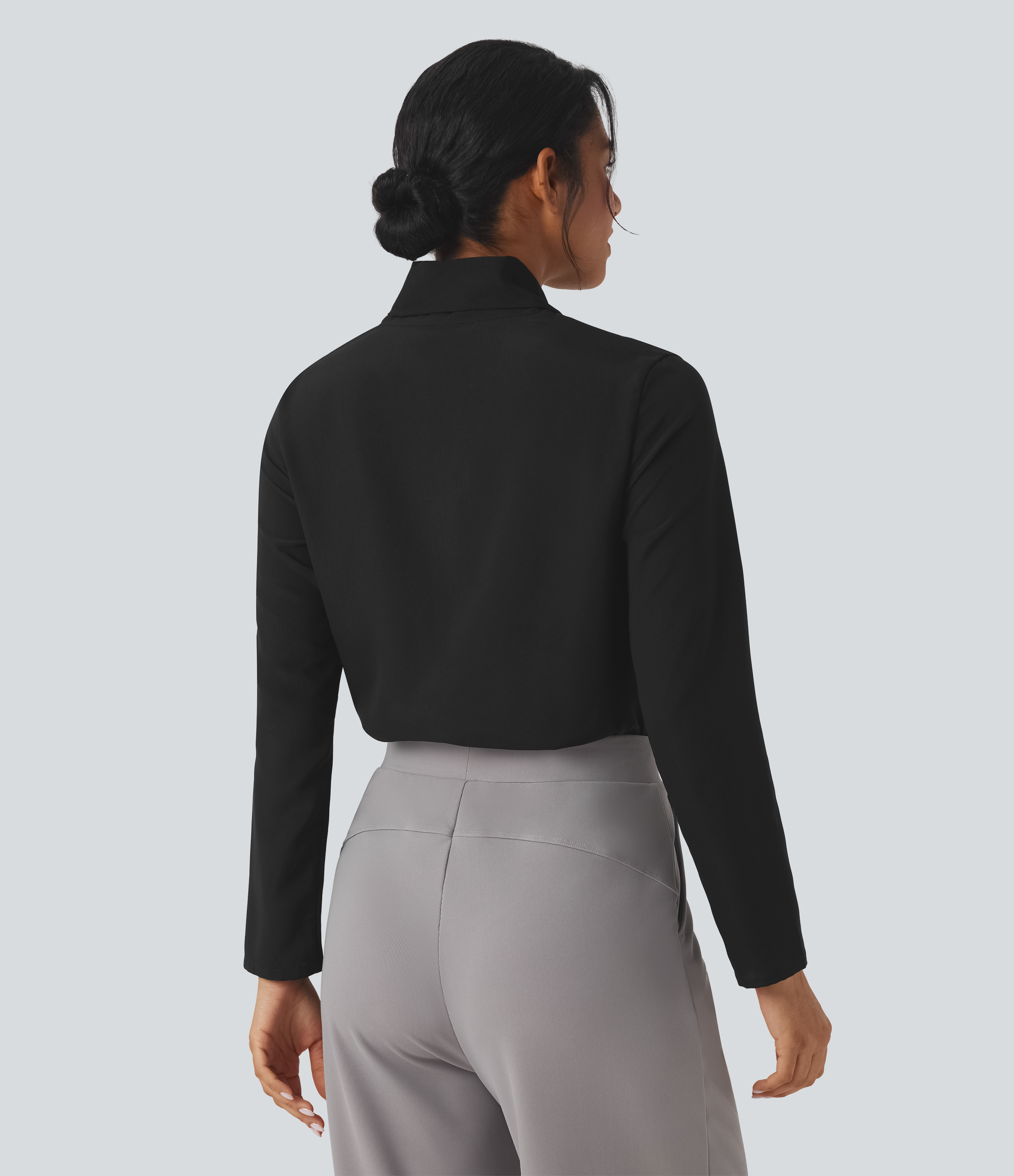 Black Wrinkle Recovery Scarf Neck Long Sleeve Work Shirt / 2