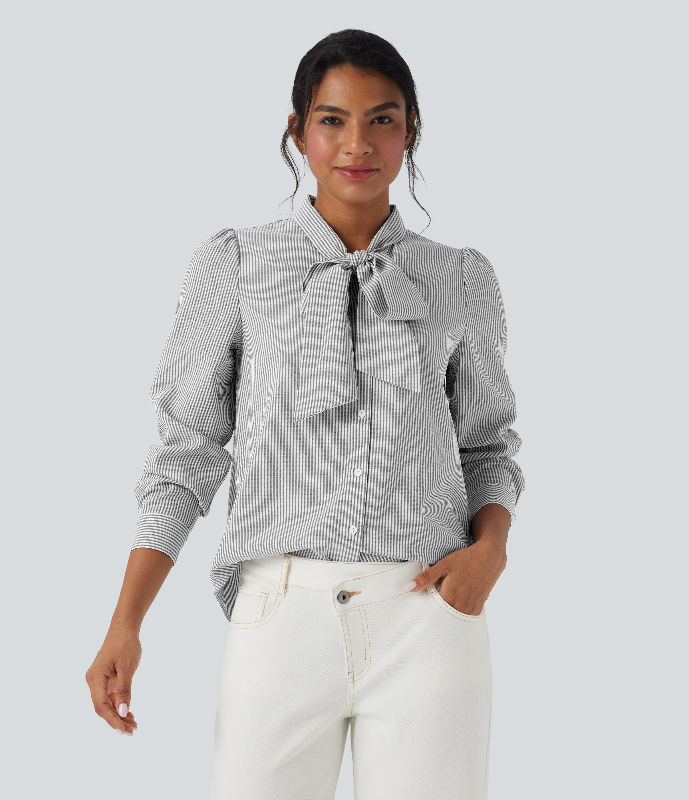 Light Black White Stripe Camisa casual a rayas de manga larga con lazo frontal / 1