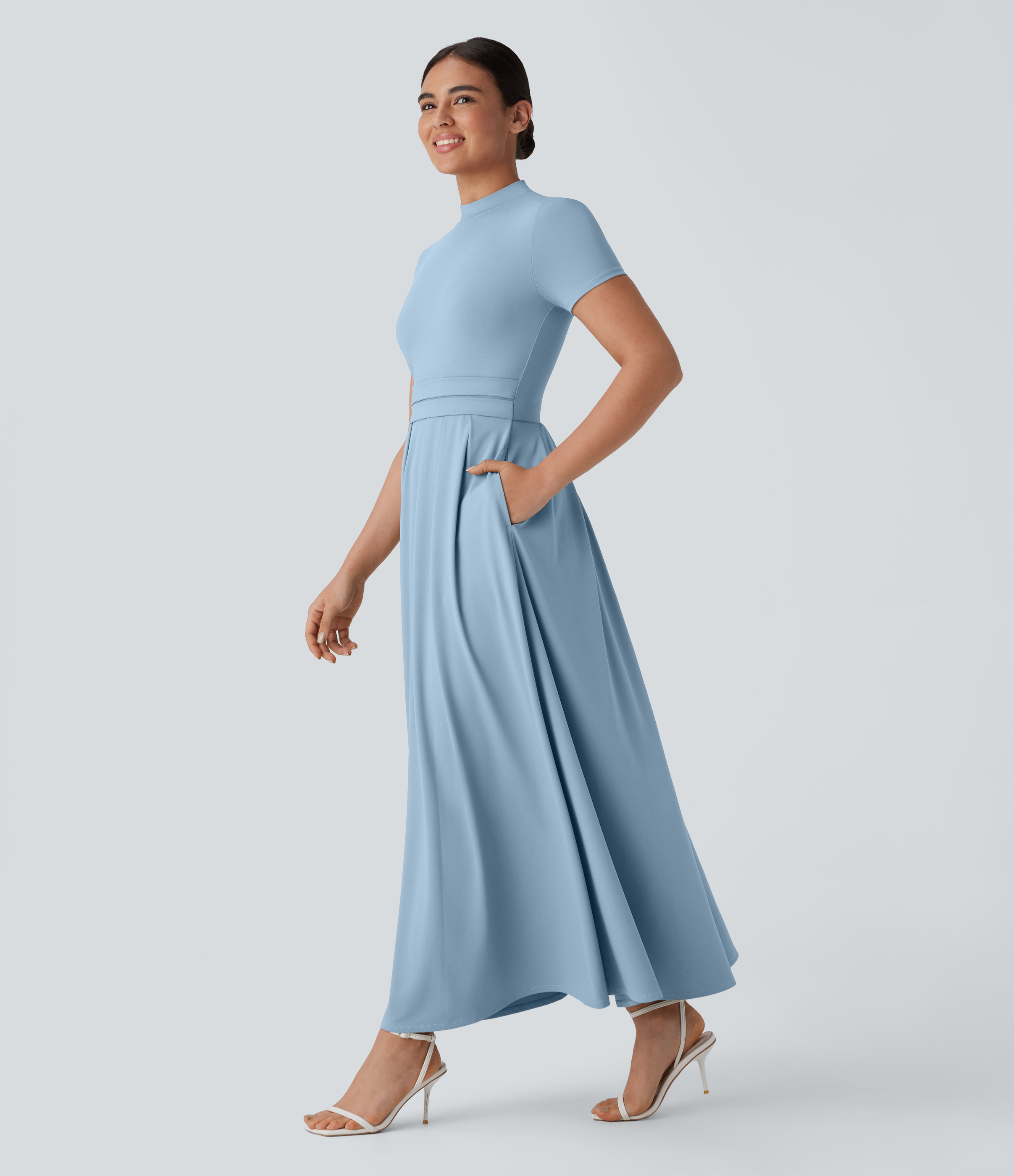 Stand Collar Short Sleeve Pocket Flare Maxi Casual Dress