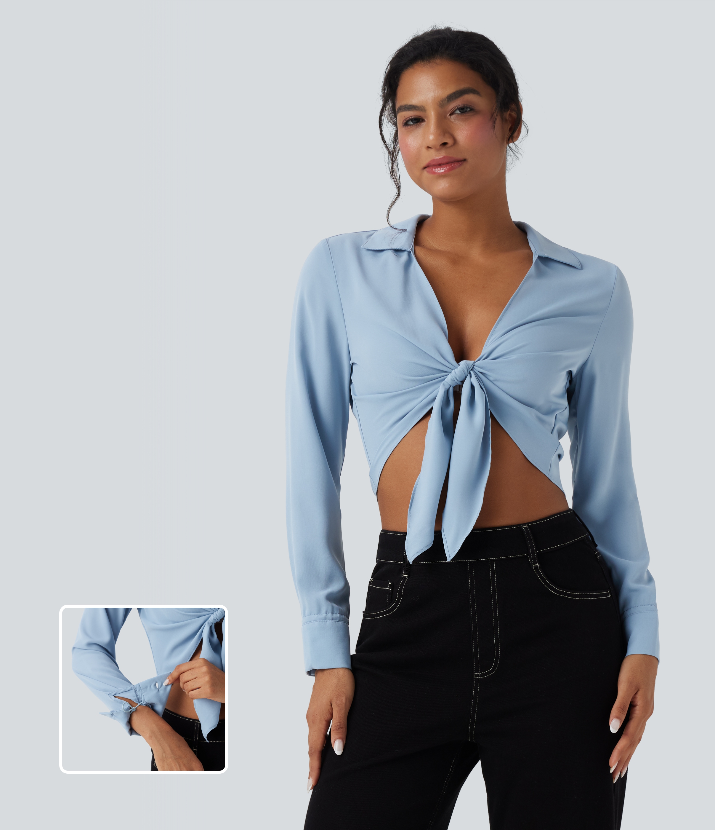 Skyride Blusa casual corta de manga larga con lazo delantero / 1