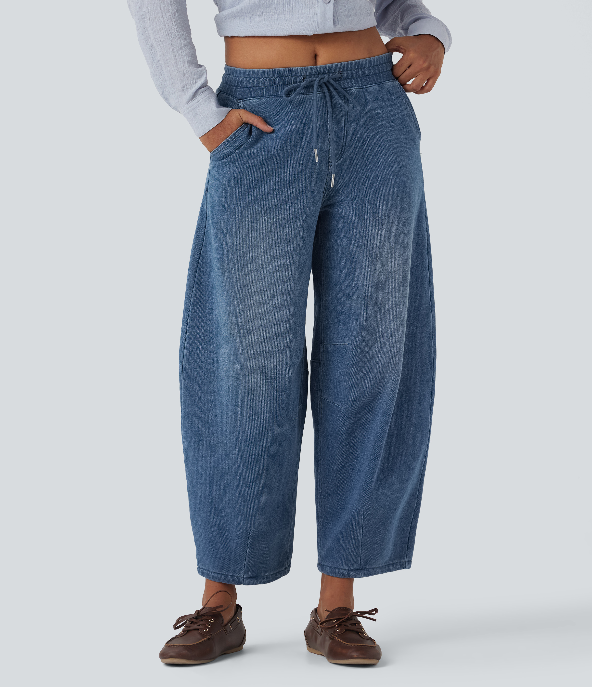 Tide Blue Denim Halara Flex™ Mid Rise Drawstring Barrel Leg Casual French Terry Sweatpants Jeans with Pockets / 2