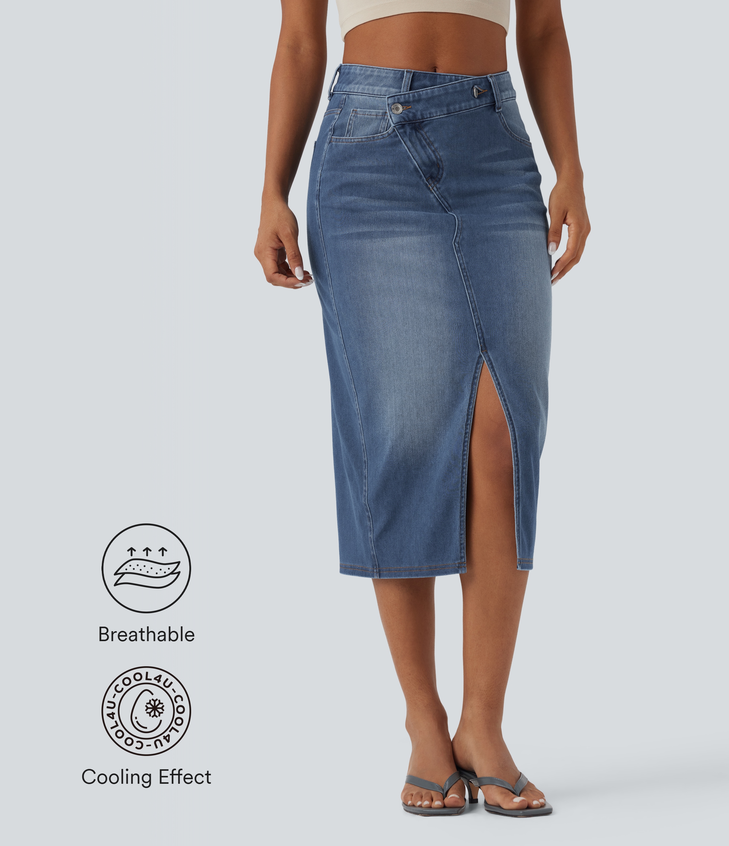 Halara Flex™ - Figurbetonter, asymmetrischer Jeansrock mit mittelhohem Bund,  Seitentaschen, Schlitz und Cool-Touch