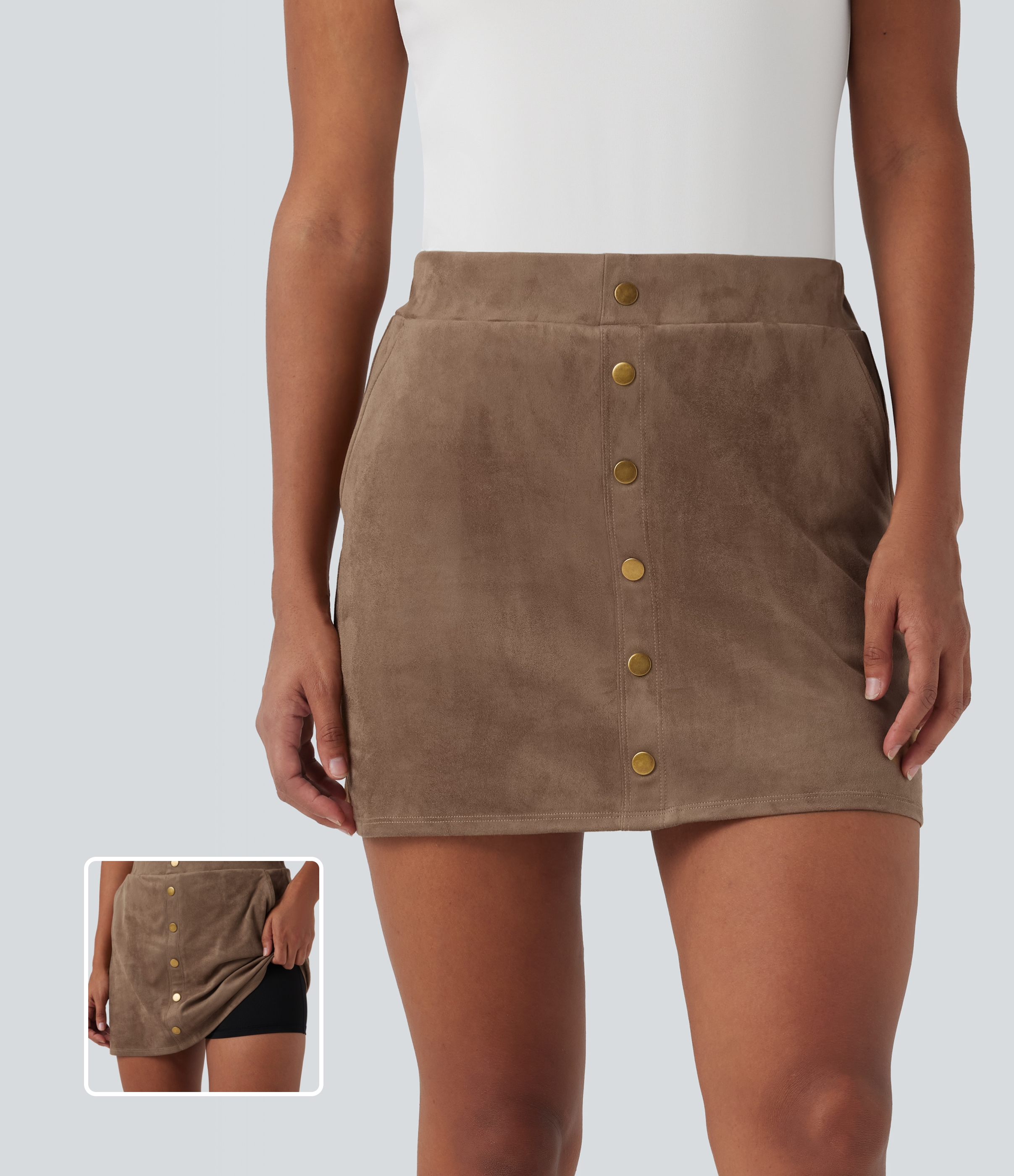 Coca Mocha High Waisted 2-in-1 A-line Mini Suede Casual Skirt with Pockets / 1