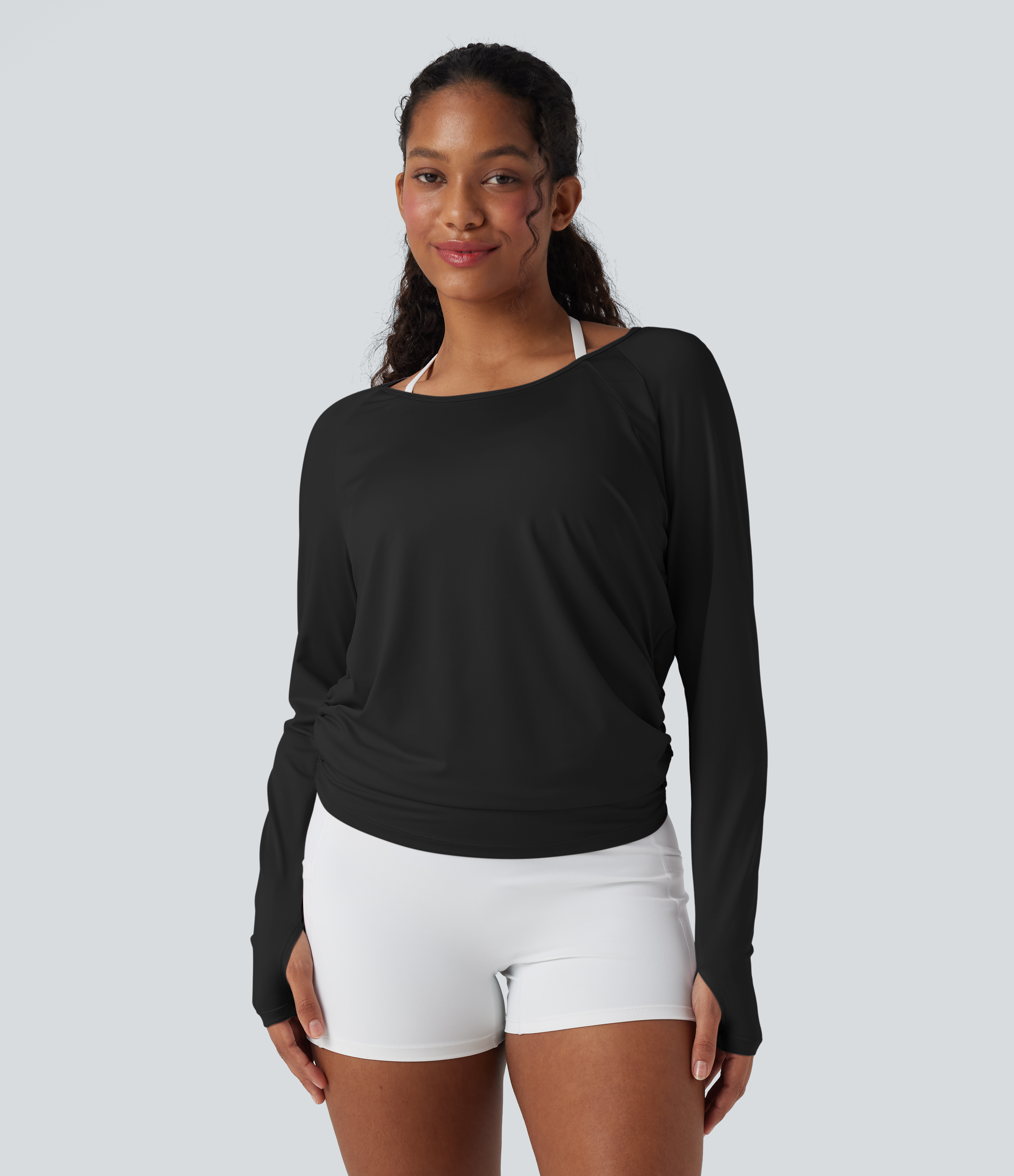 Black Cut-out Back Thumb Hole Ruched Relaxed Women Yoga Sports Top / 2