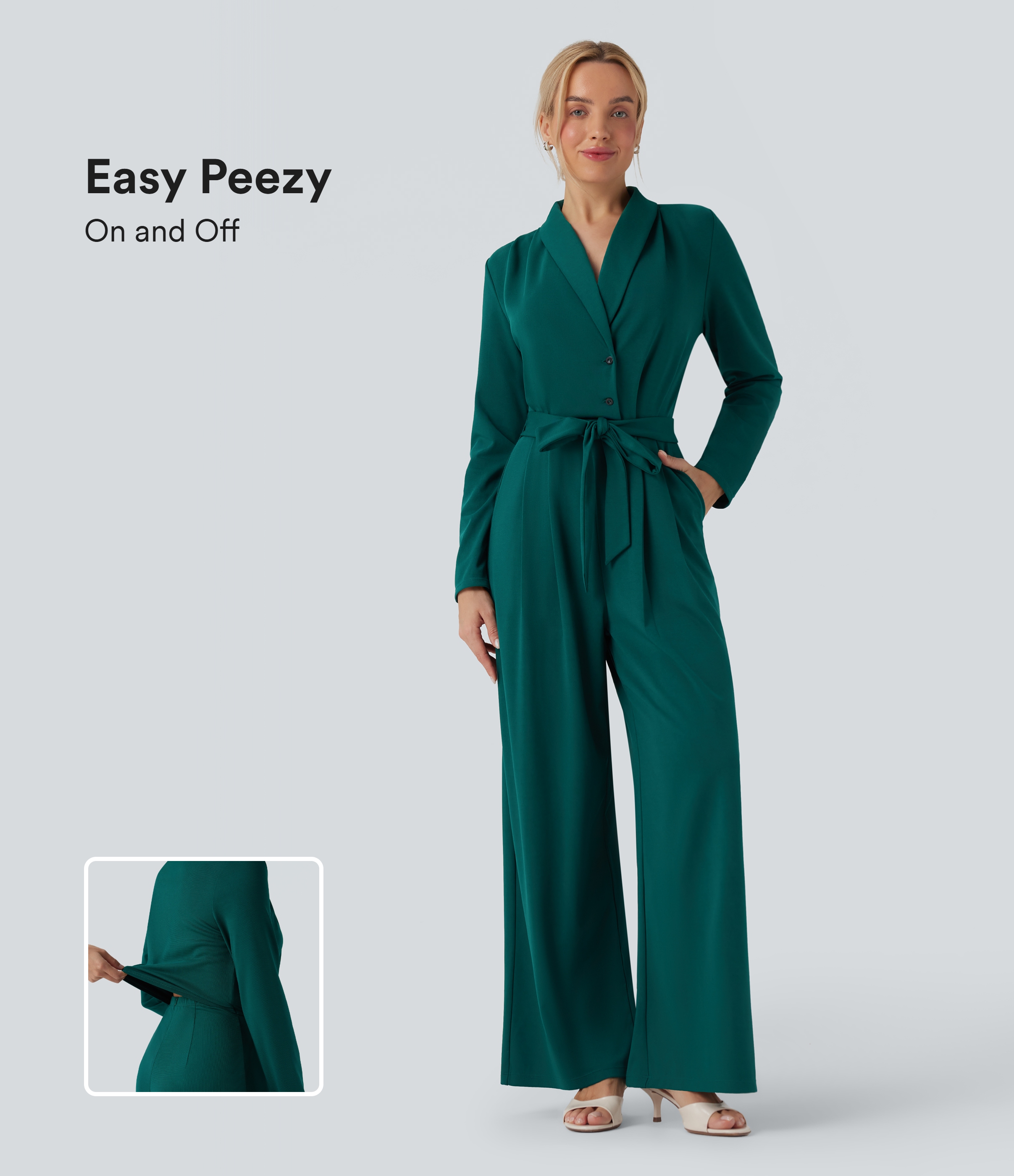 V-neck Long Sleeve Belted Jumpsuit with Pockets-Easy Peezy