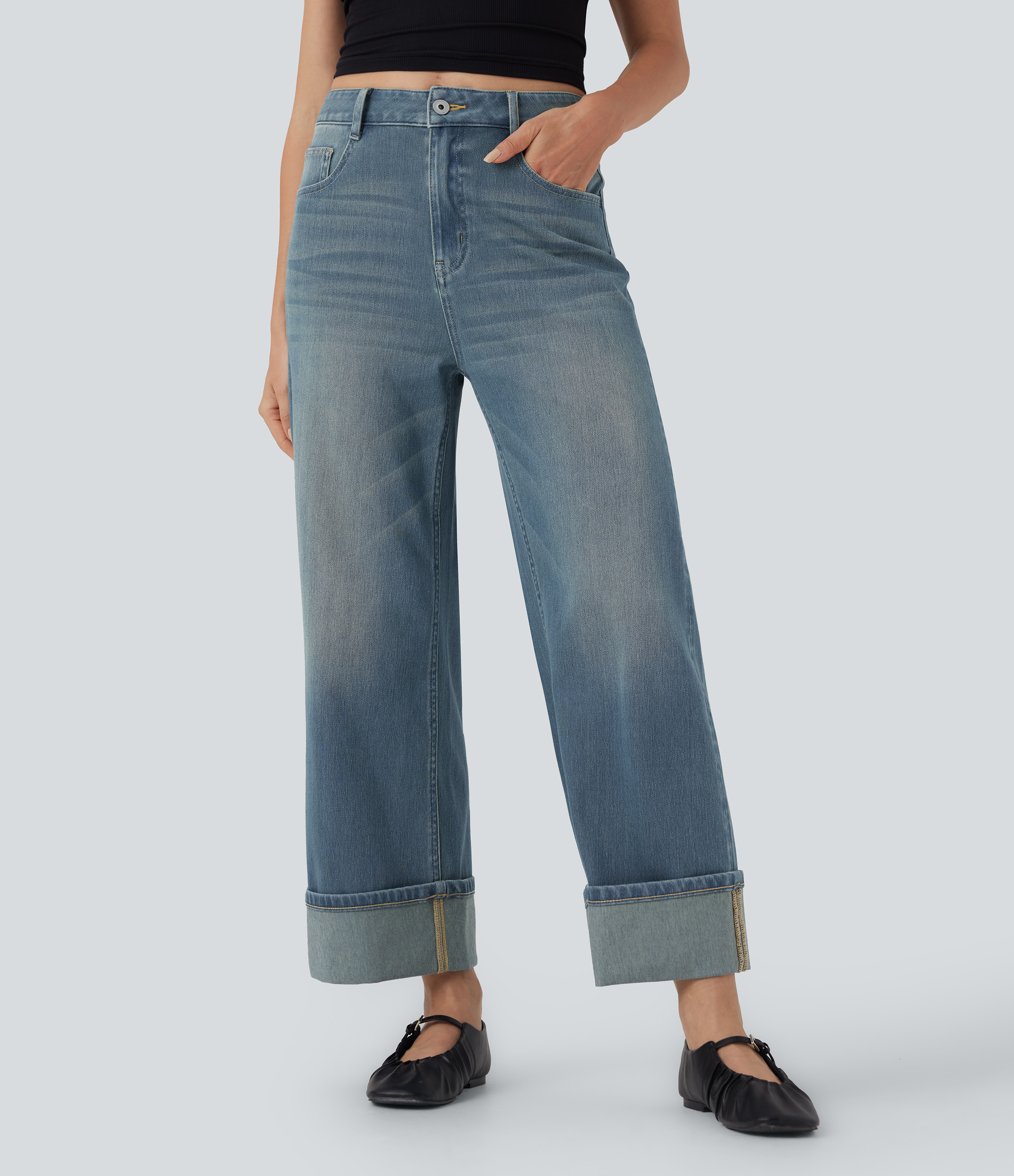 Halara Flex™ Jean Larges Taille Haute Ourlet Roulotté Multiples Poches