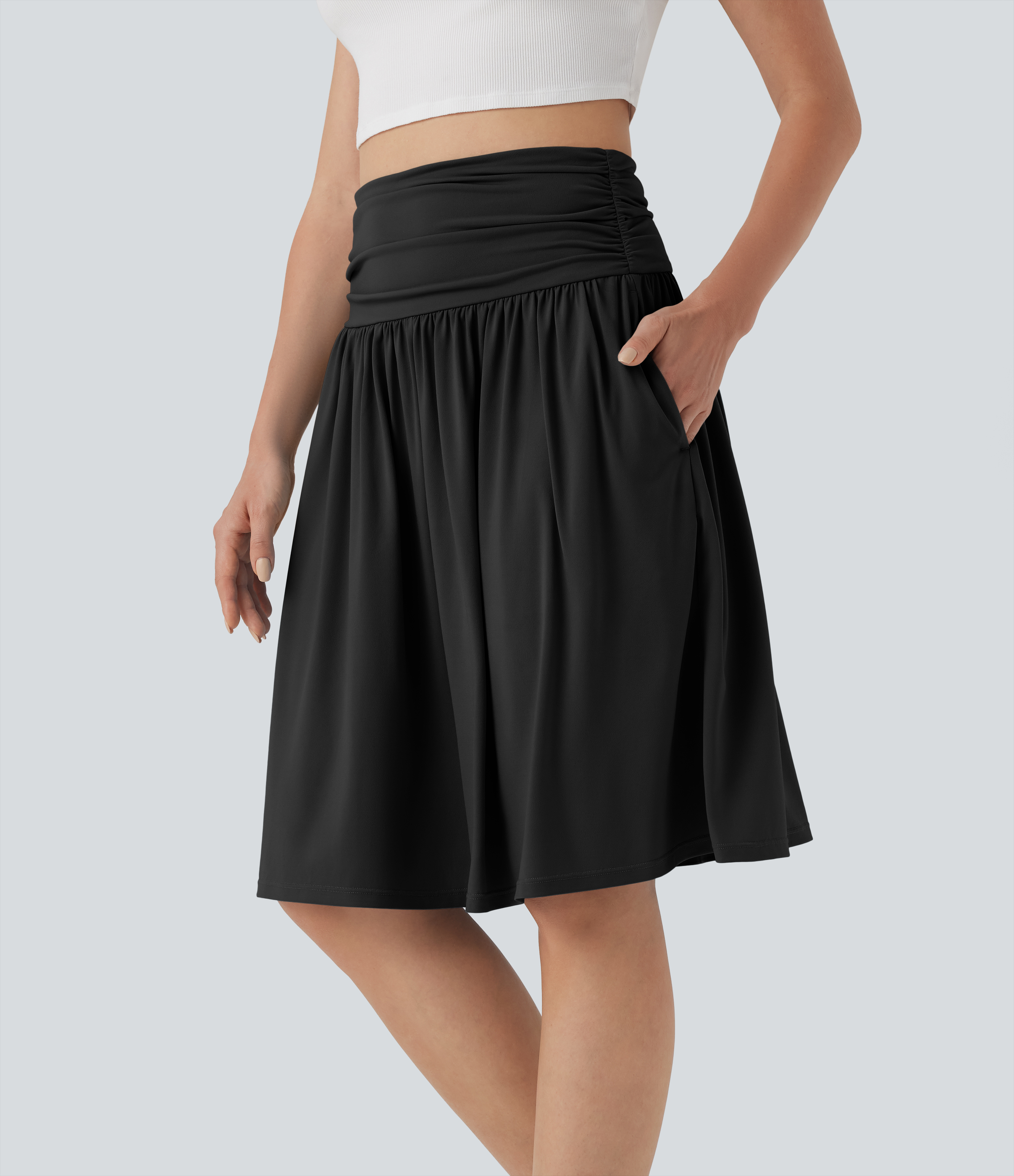 Black High Waisted Ruched Flowy A-line Skirt with Pockets / 1