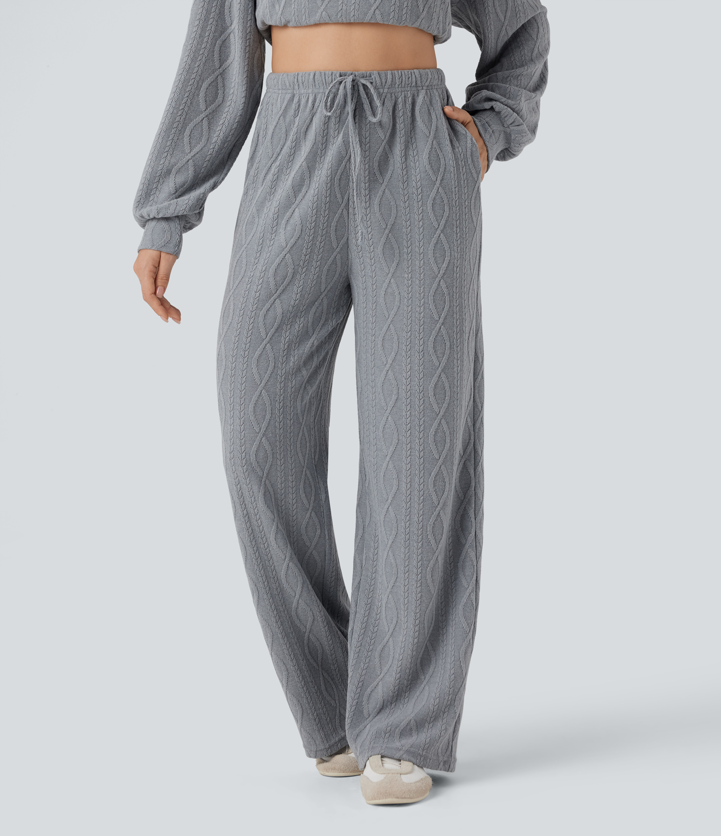 High Waisted Drawstring Cable Knit Casual Pants with Pockets