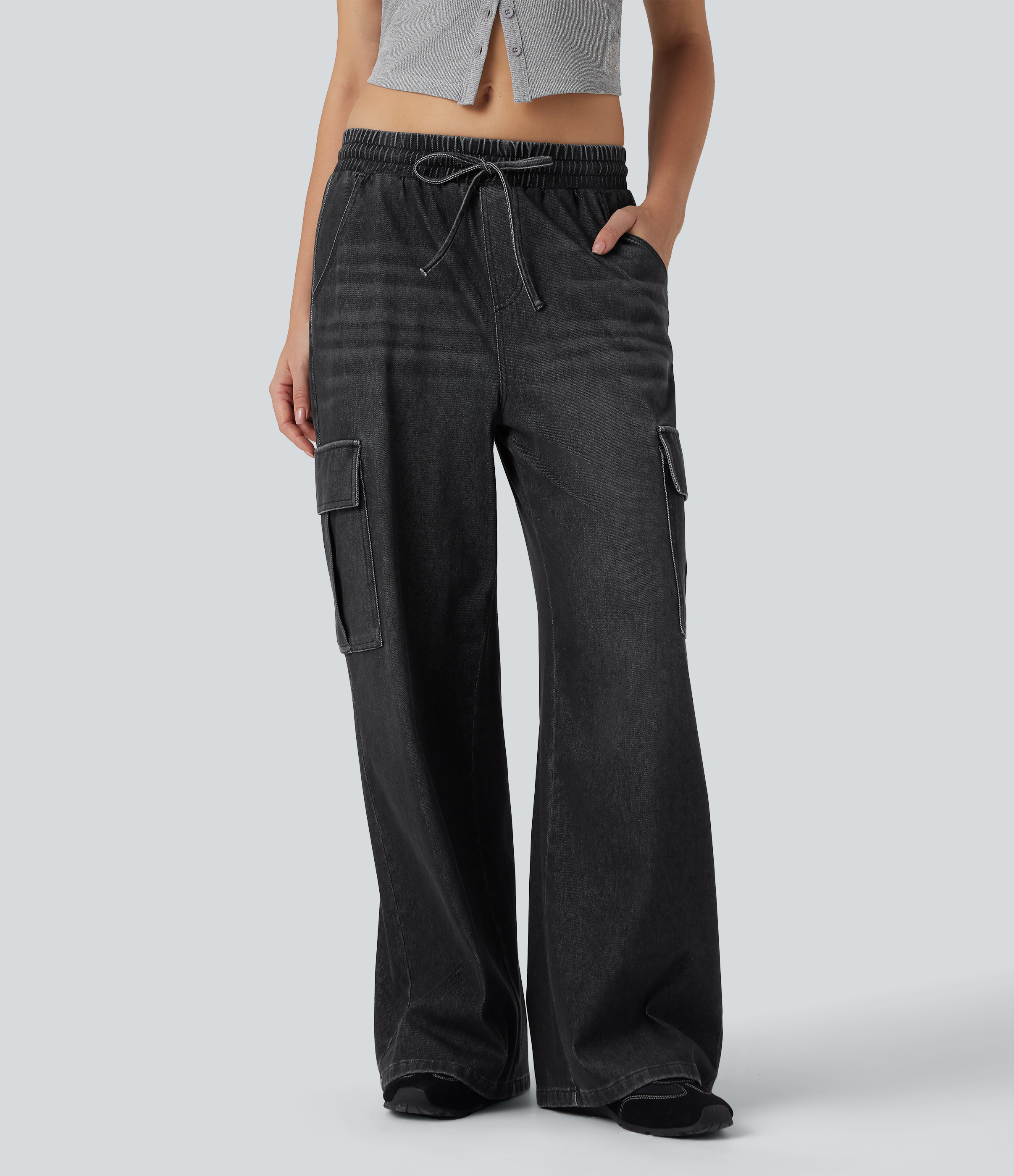 Halara Flex™ Mid Rise Drawstring Cargo Casual Baggy Sweatpants Jeans with Pockets