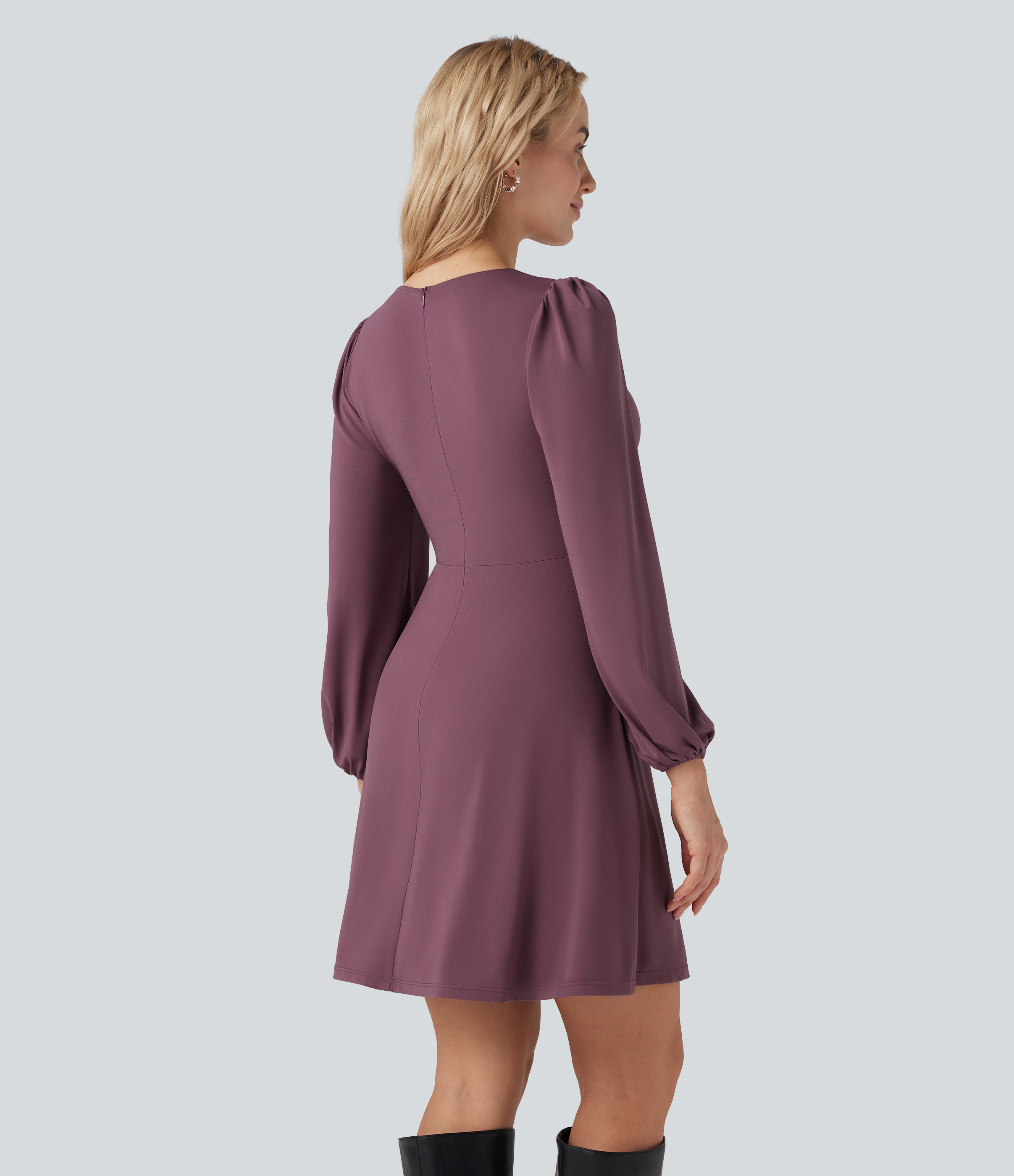 Tulipwood Vestido mini con escote en V, abertura y manga larga con cremallera / 2
