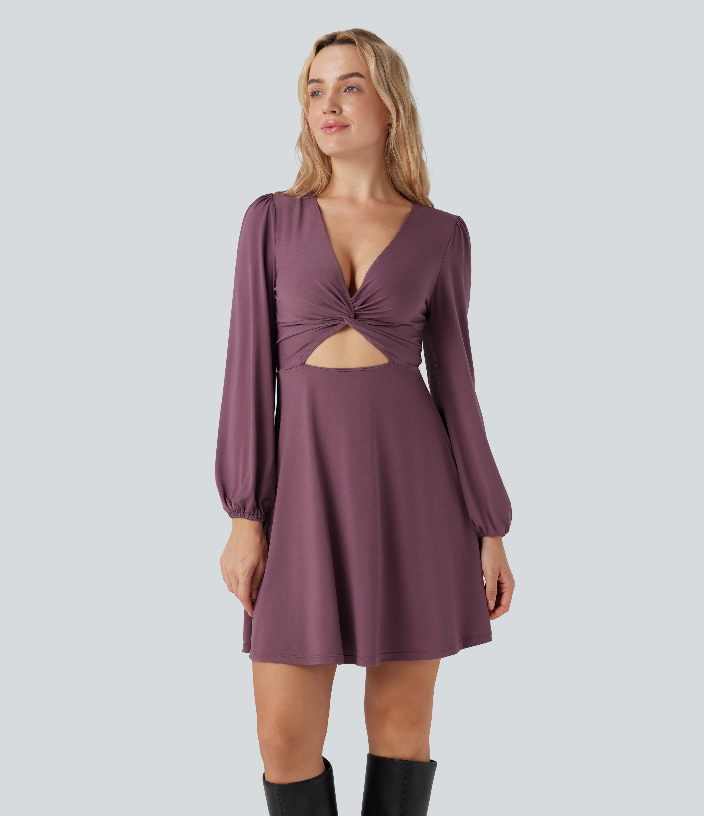Tulipwood Vestido mini con escote en V, abertura y manga larga con cremallera / 1