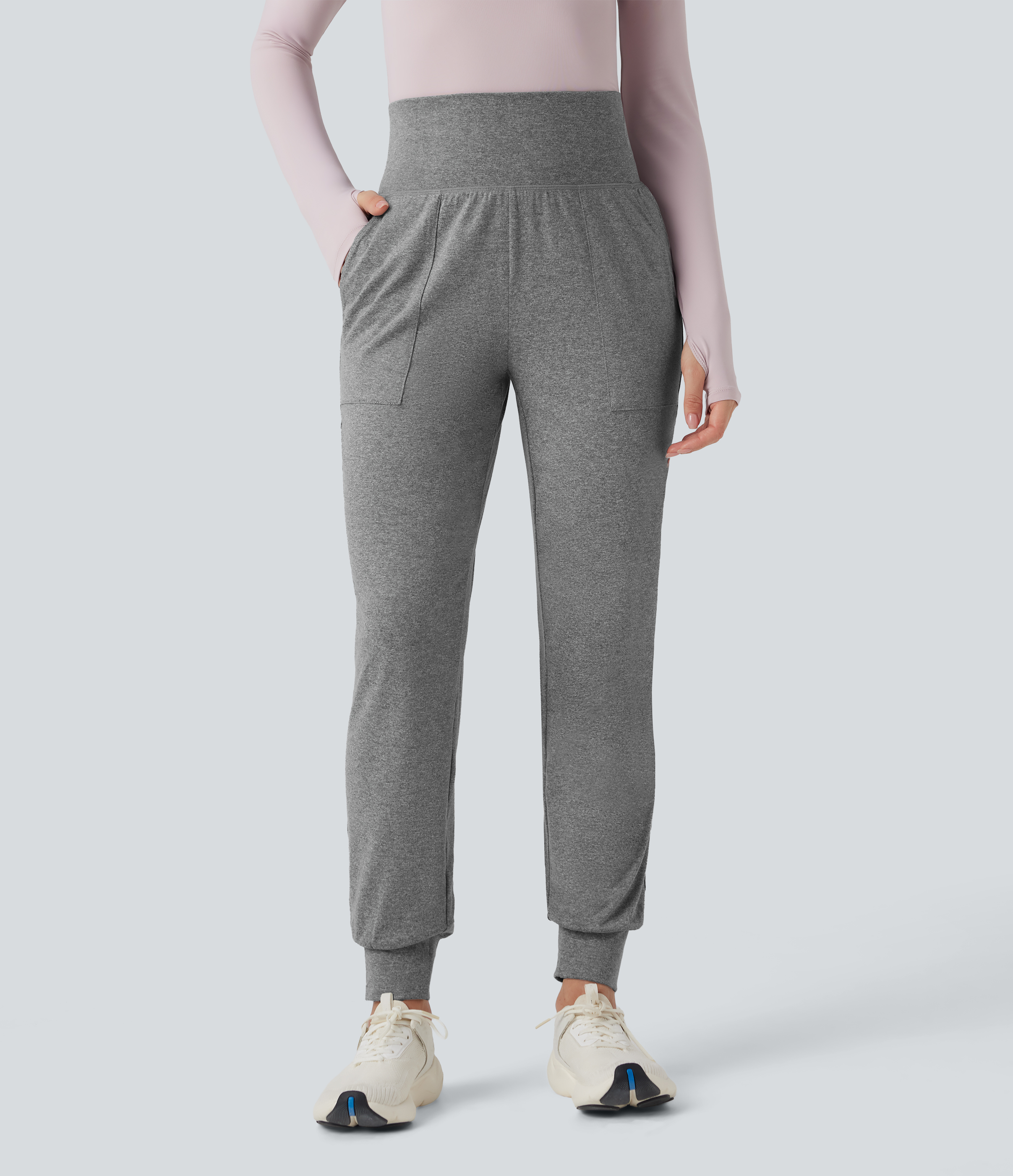 Mottled Light Grey Konisch zulaufende Yoga-Jogginghose mit hohem Bund und mehreren Taschen / 2