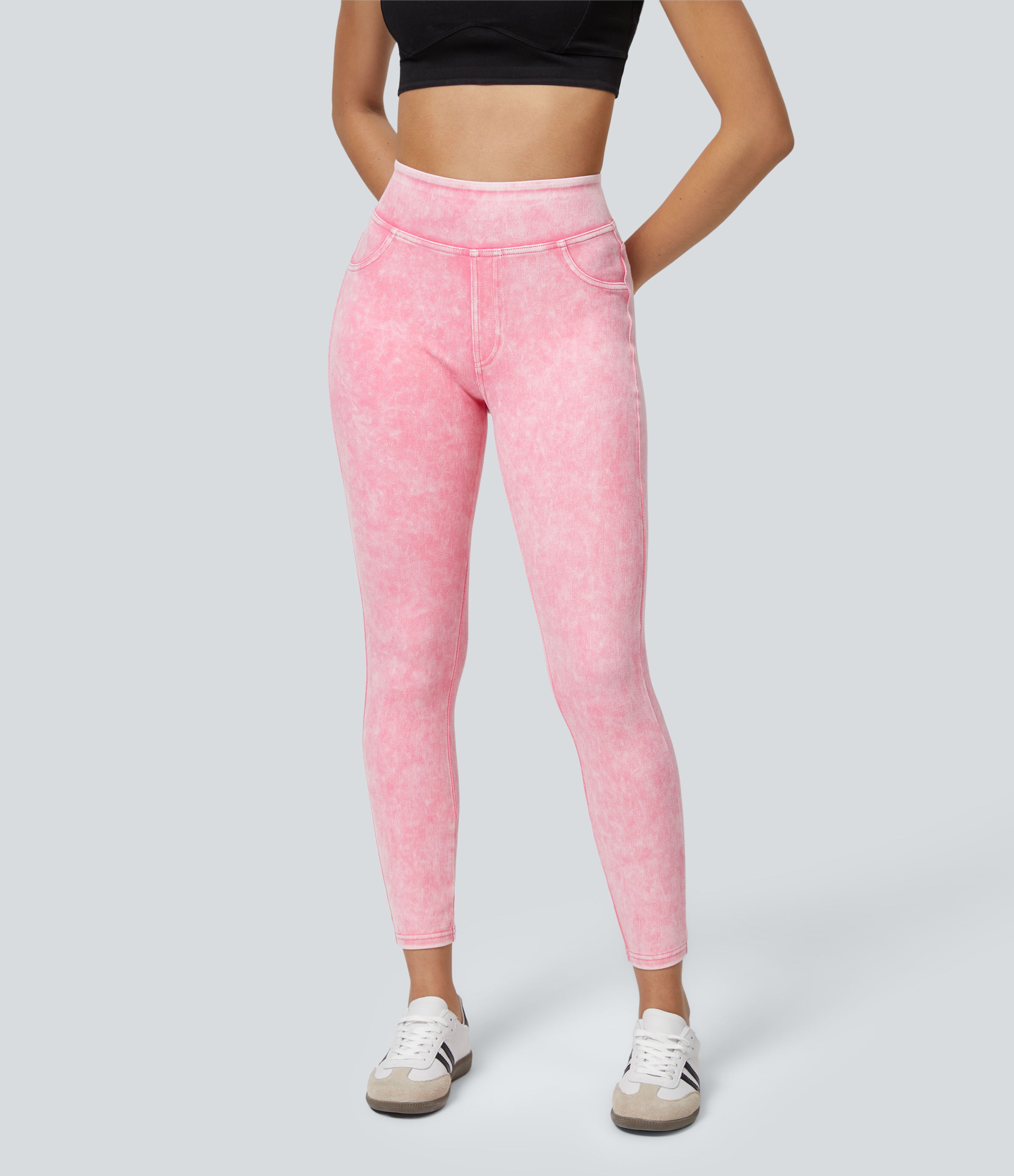 Washed Denim Bubblegum Pink Halara Flex™ 하이웨이스트 뒷주머니 컬러풀한 신축성 있는 니트 데님 캐주얼 레깅스 / 2