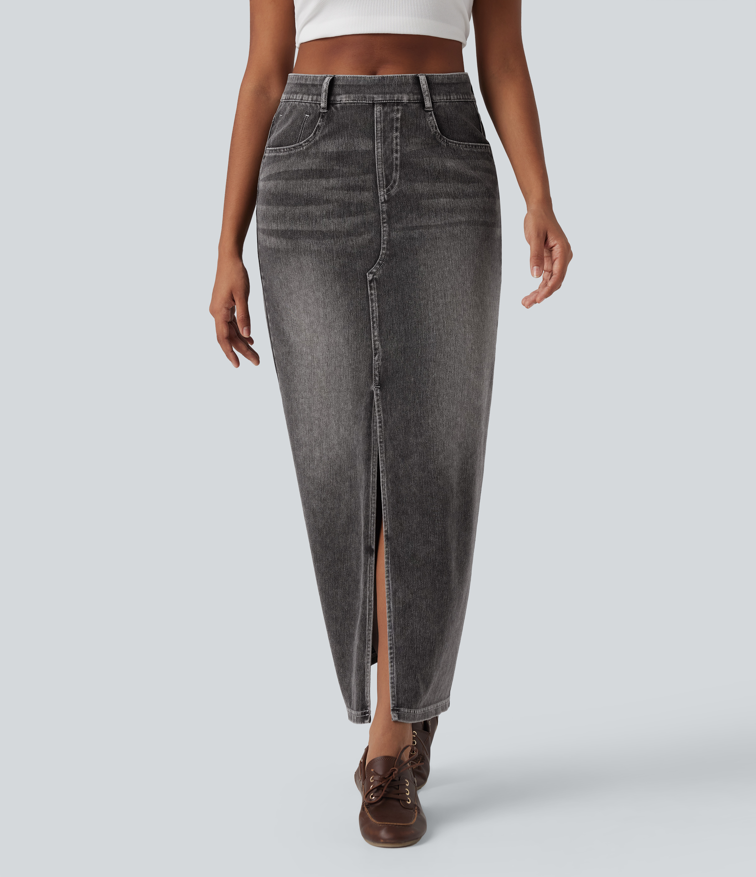 Halara Flex™ High Waisted Washed Denim Straight Maxi Casual Skirt with Pockets