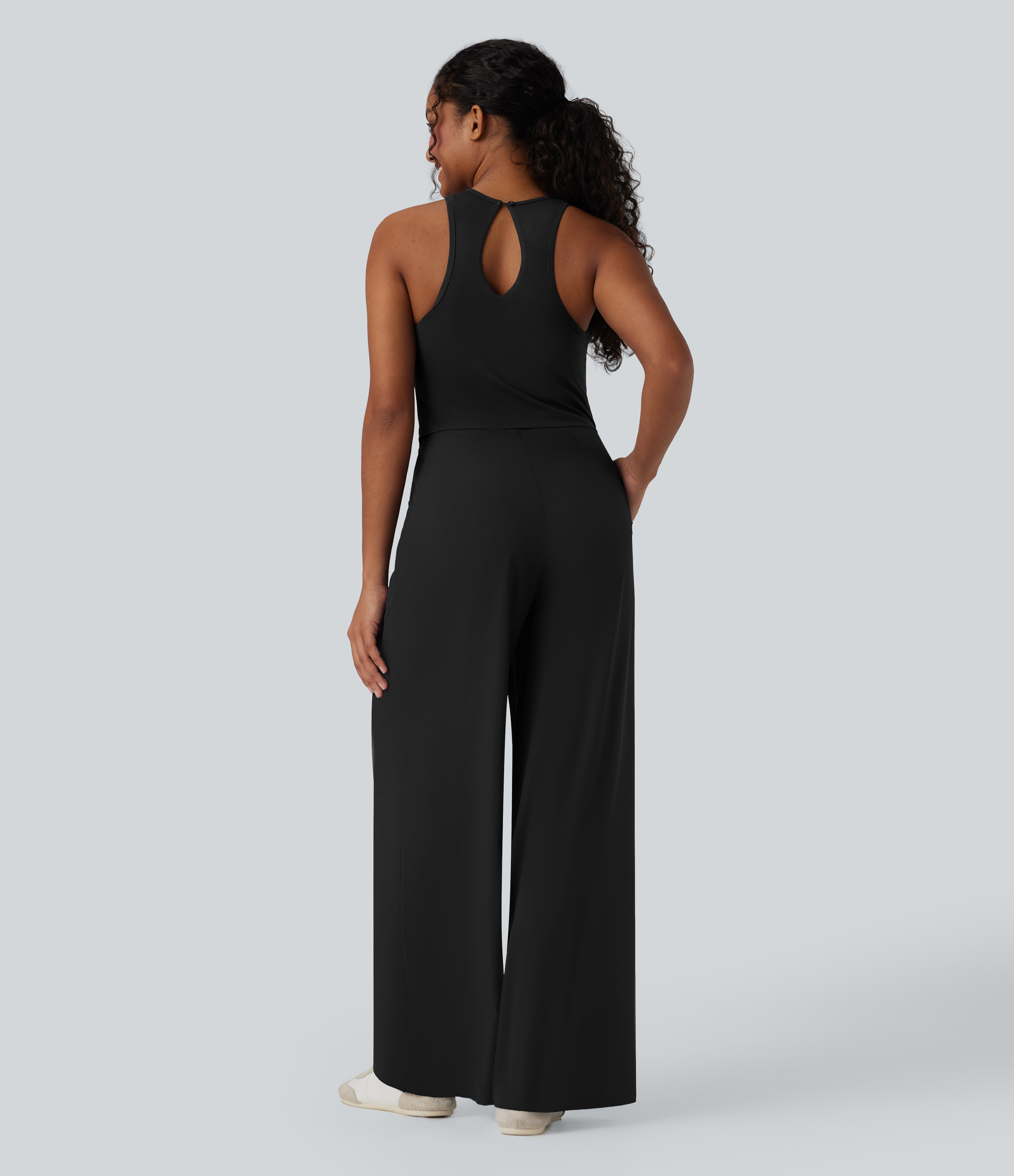 Black Breezeful™ Sleeveless Cut Out Quick Dry Casual Jumpsuit with Pockets-Easy Peezy / 2