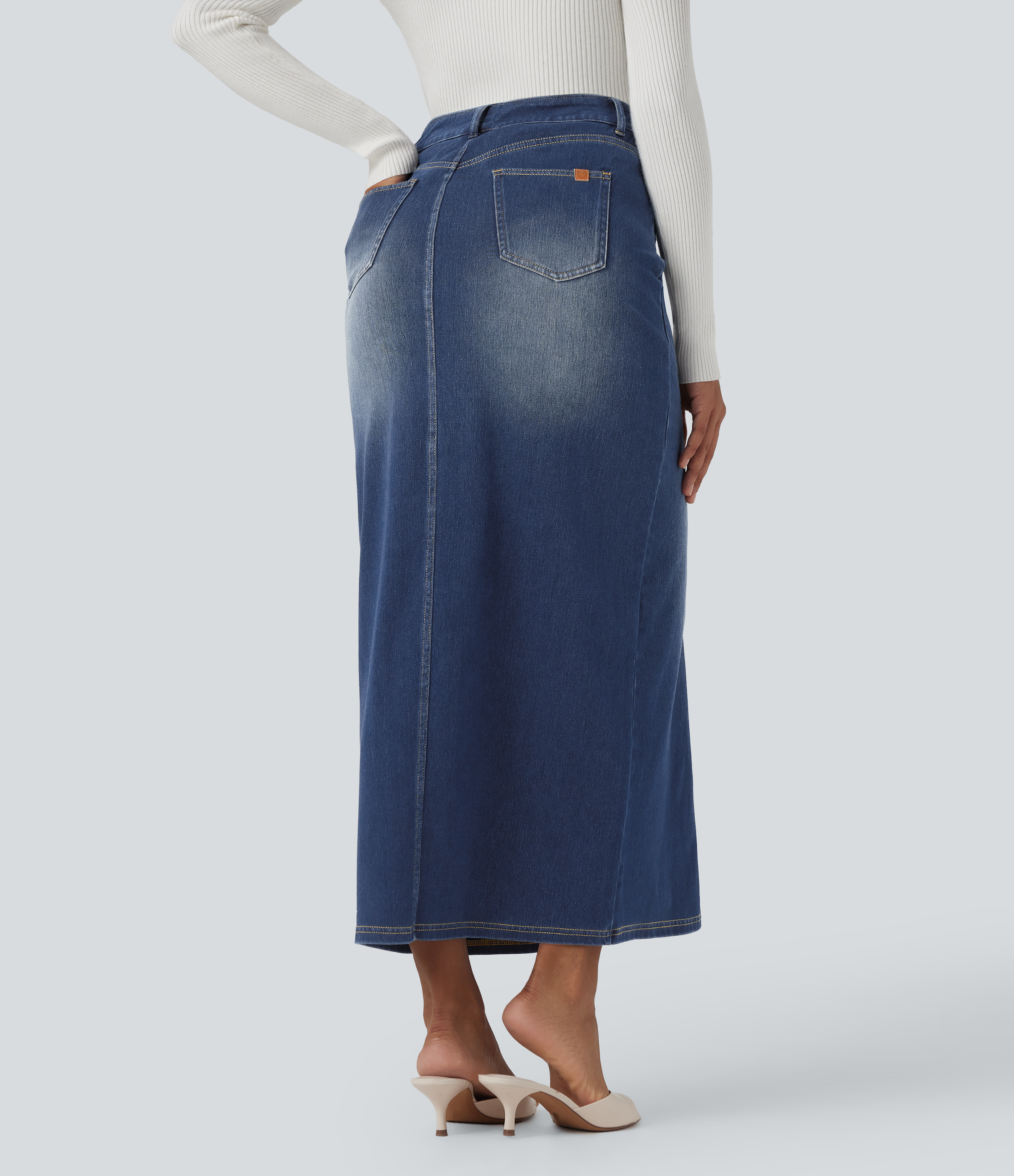 Pageant Blue Denim Falda maxi casual recta Halara Flex™ de mezclilla lavada de tiro alto con bolsillos / 2