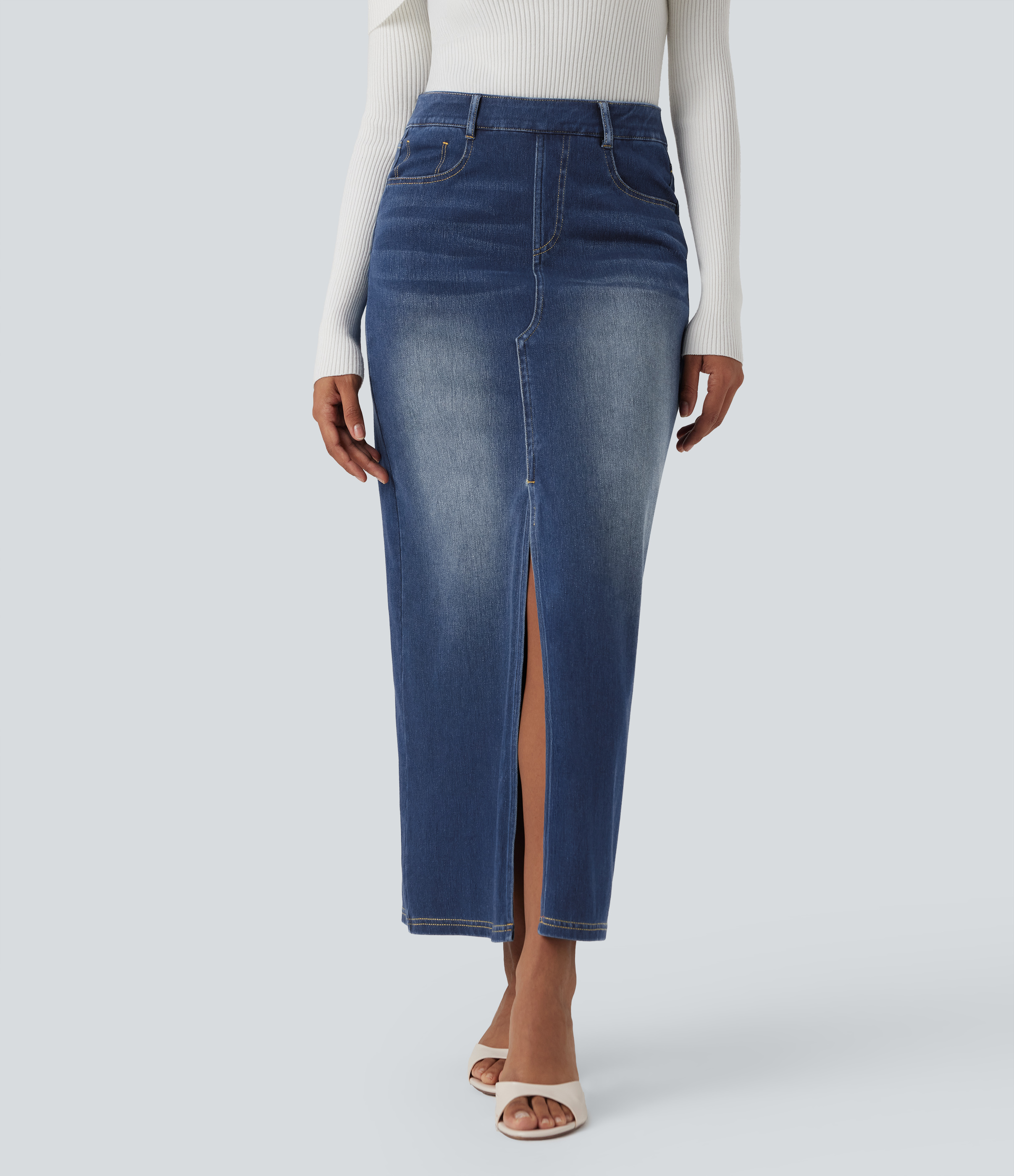 Halara Flex™ High Waisted Washed Denim Straight Maxi Casual Skirt with Pockets