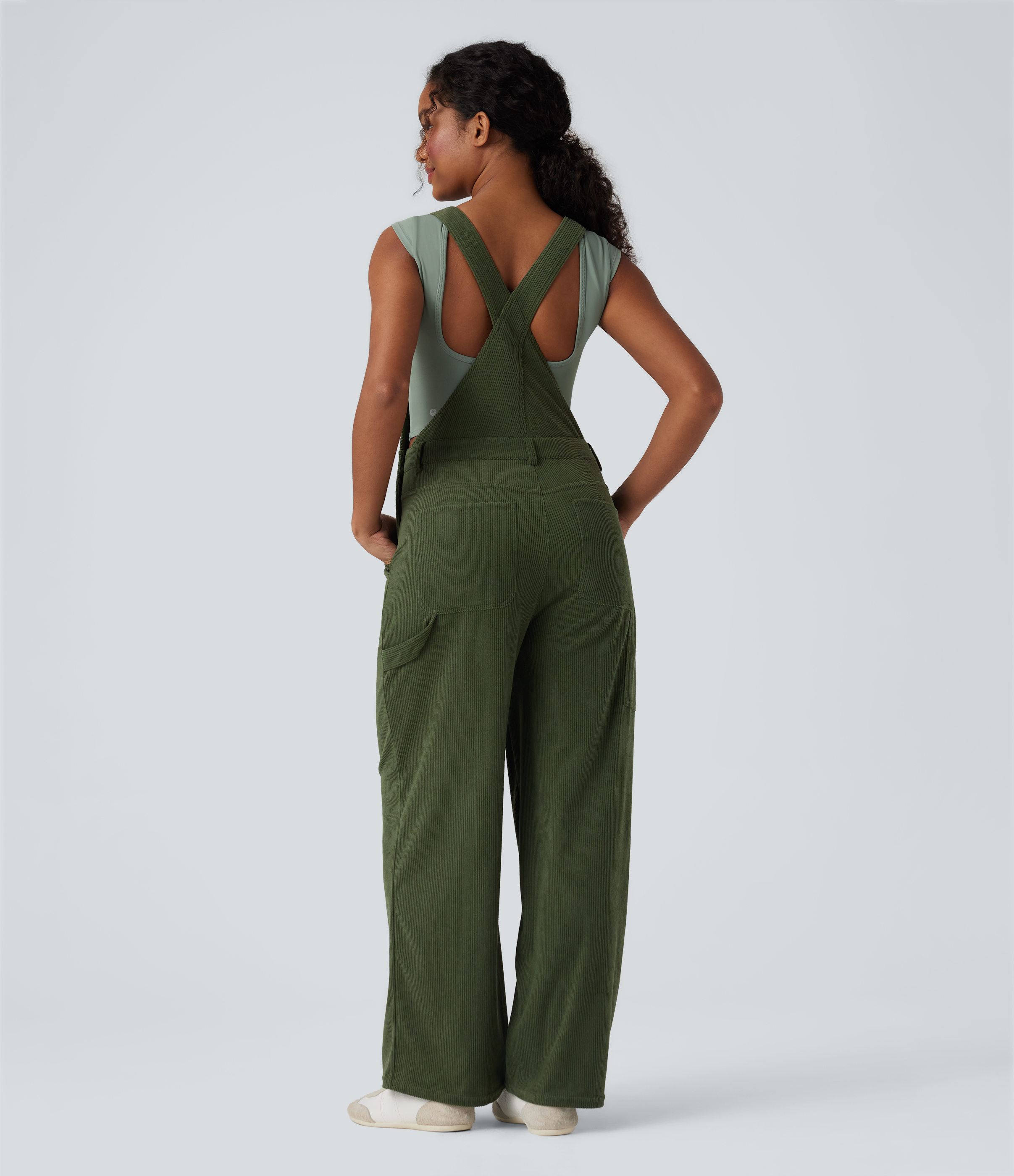 Rifle Green Jumpsuit casual de pana con pierna recta y bolsillos / 2