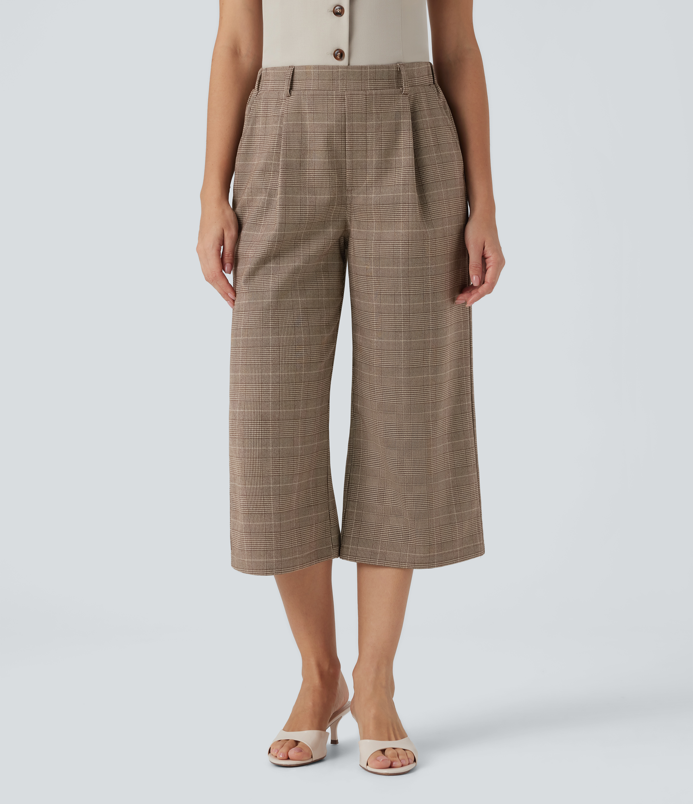 Khaki Houndstooth Pantalon bootcut taille haute à motif pied-de-poule et poches. / 2