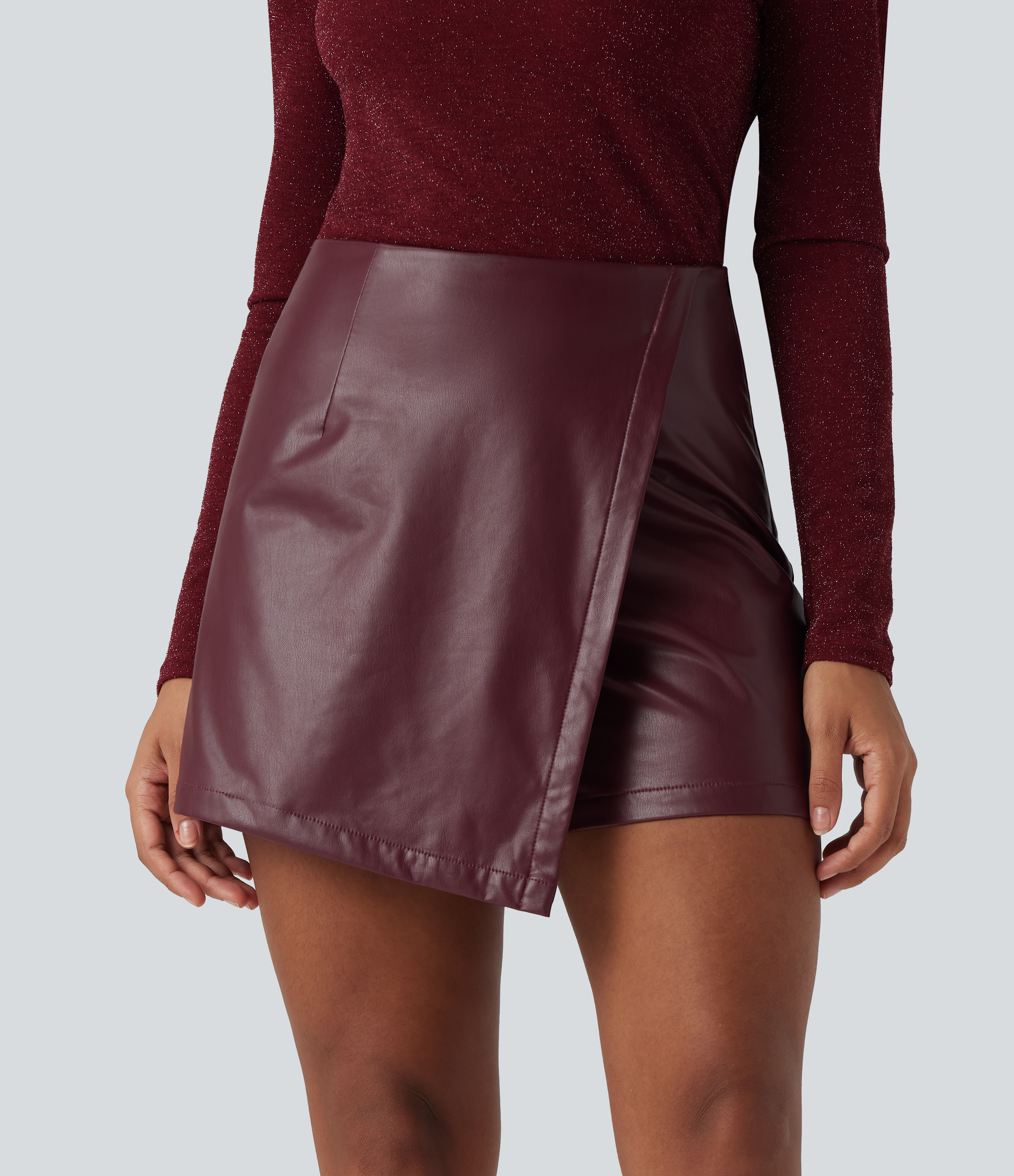 High Waisted Mini Fleece Casual PU Leather Skort