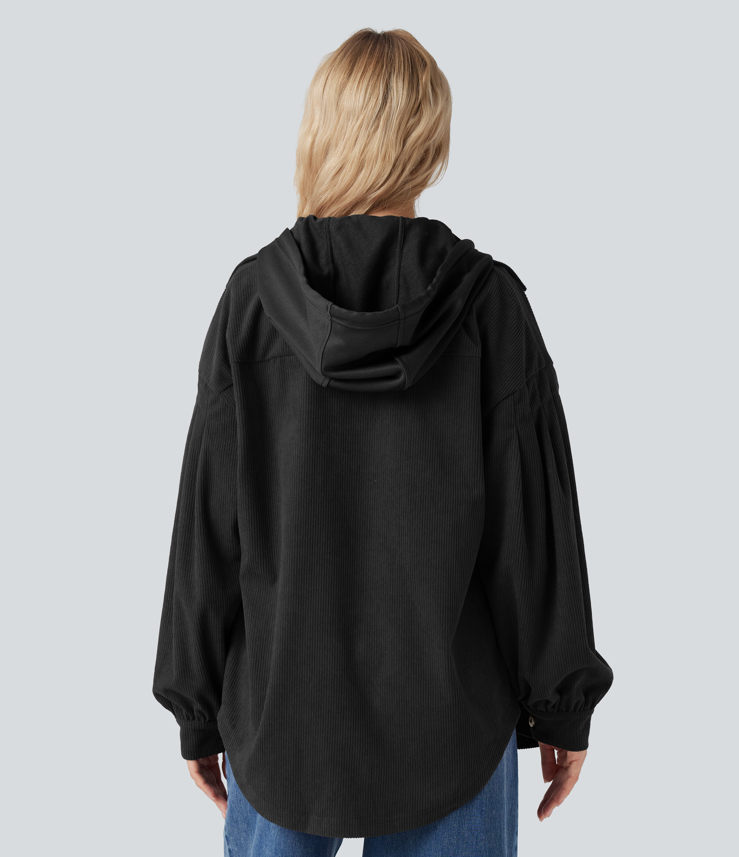 Black Chaqueta casual de pana de manga larga con capucha, cordón y bolsillos / 2
