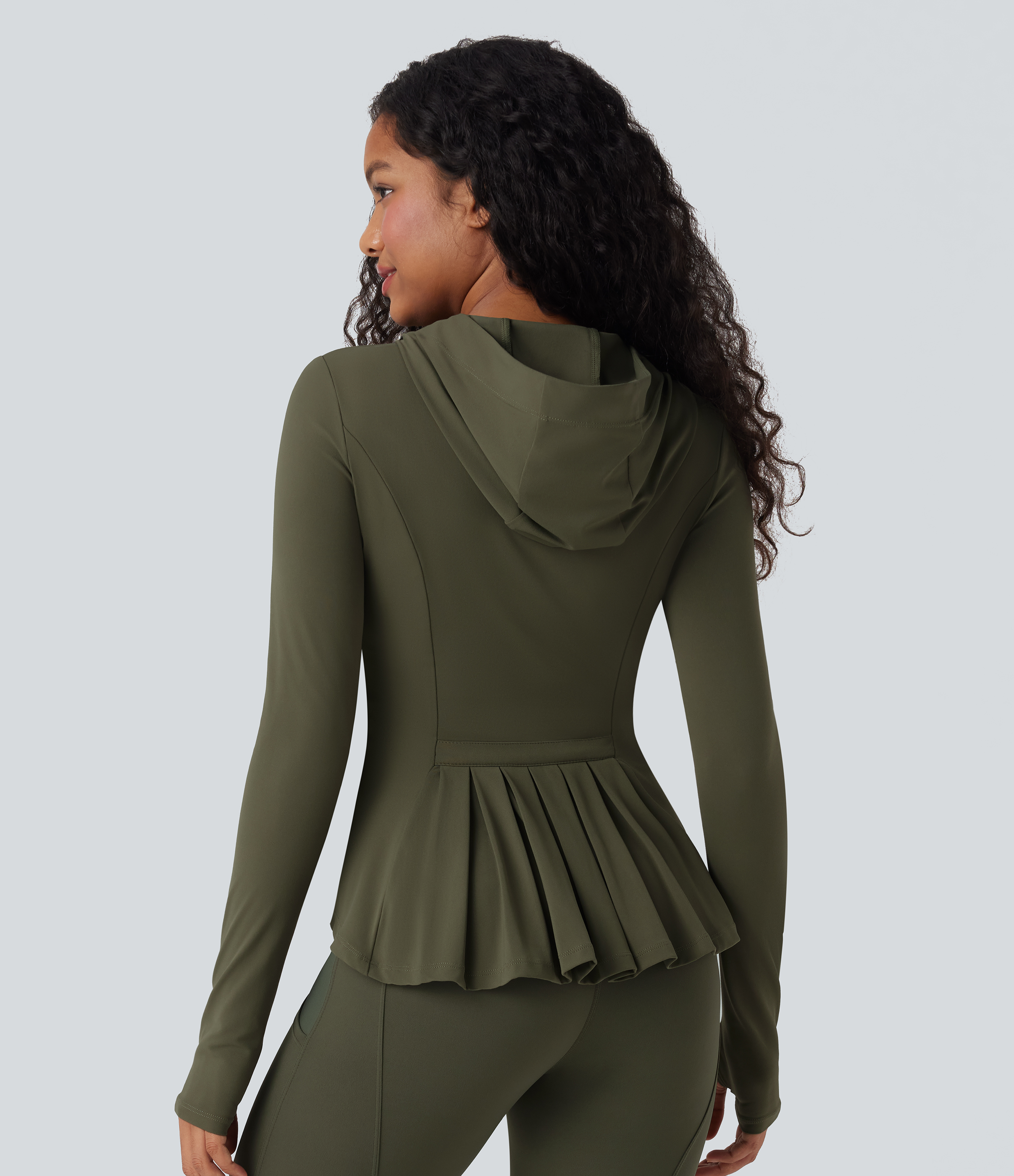 Veste SoftlyZero™ à capuche manches longues avec trous pouces détails plissés et poches-UPF50+