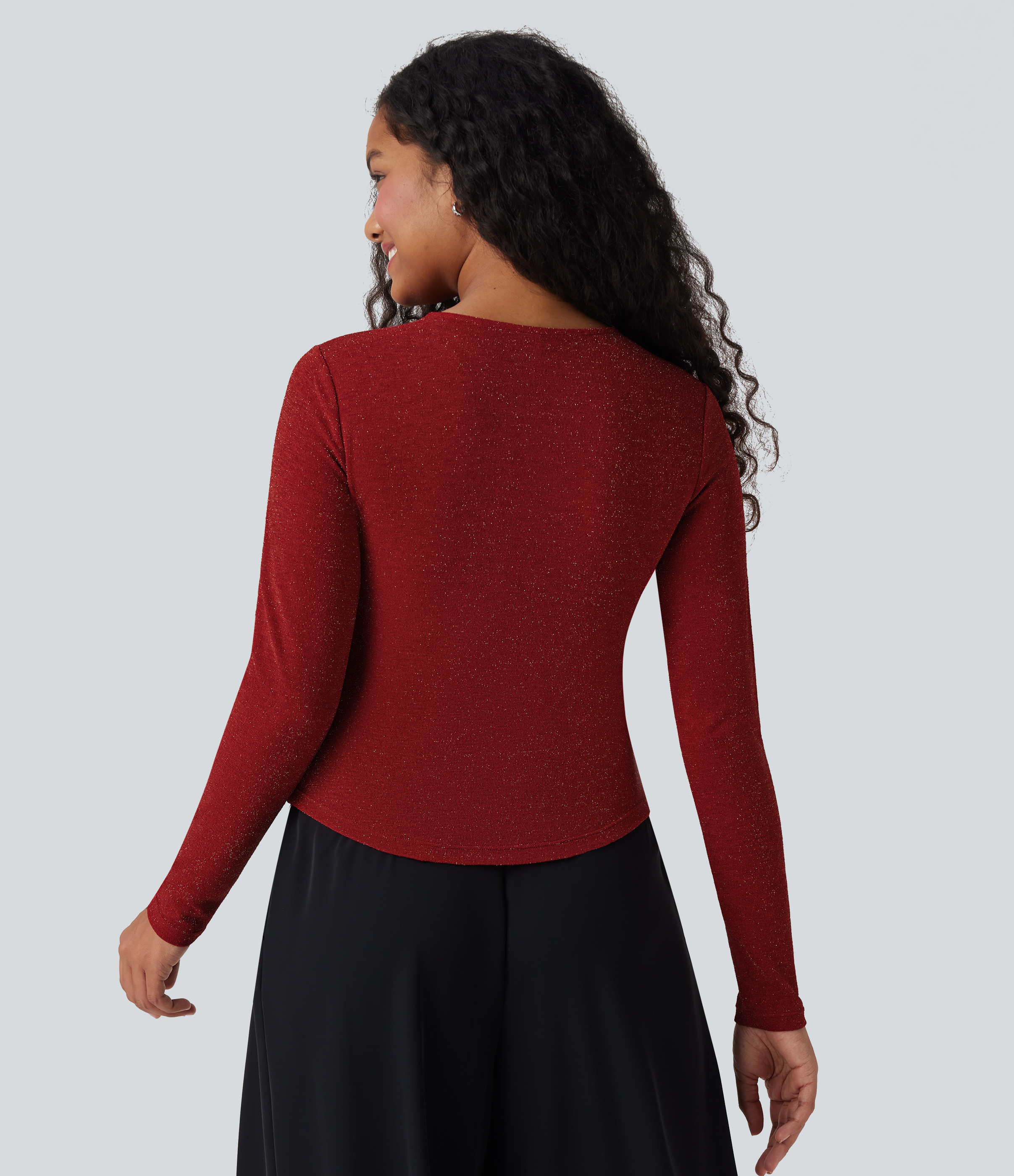 Crimson Spark Round Neck Long Sleeve Sparkle Top / 2