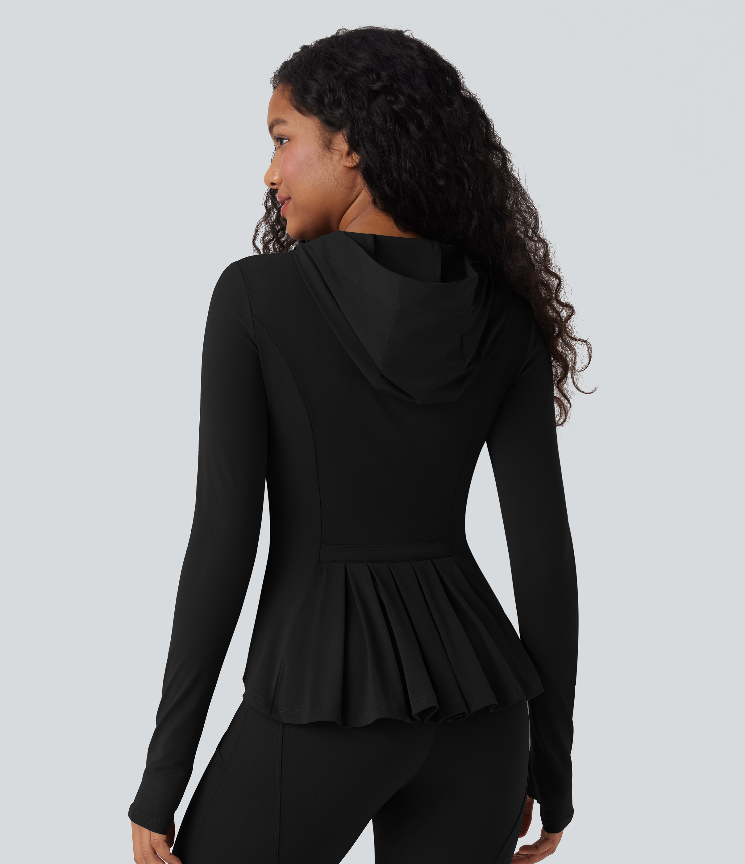 Veste SoftlyZero™ à capuche manches longues avec trous pouces détails plissés et poches-UPF50+