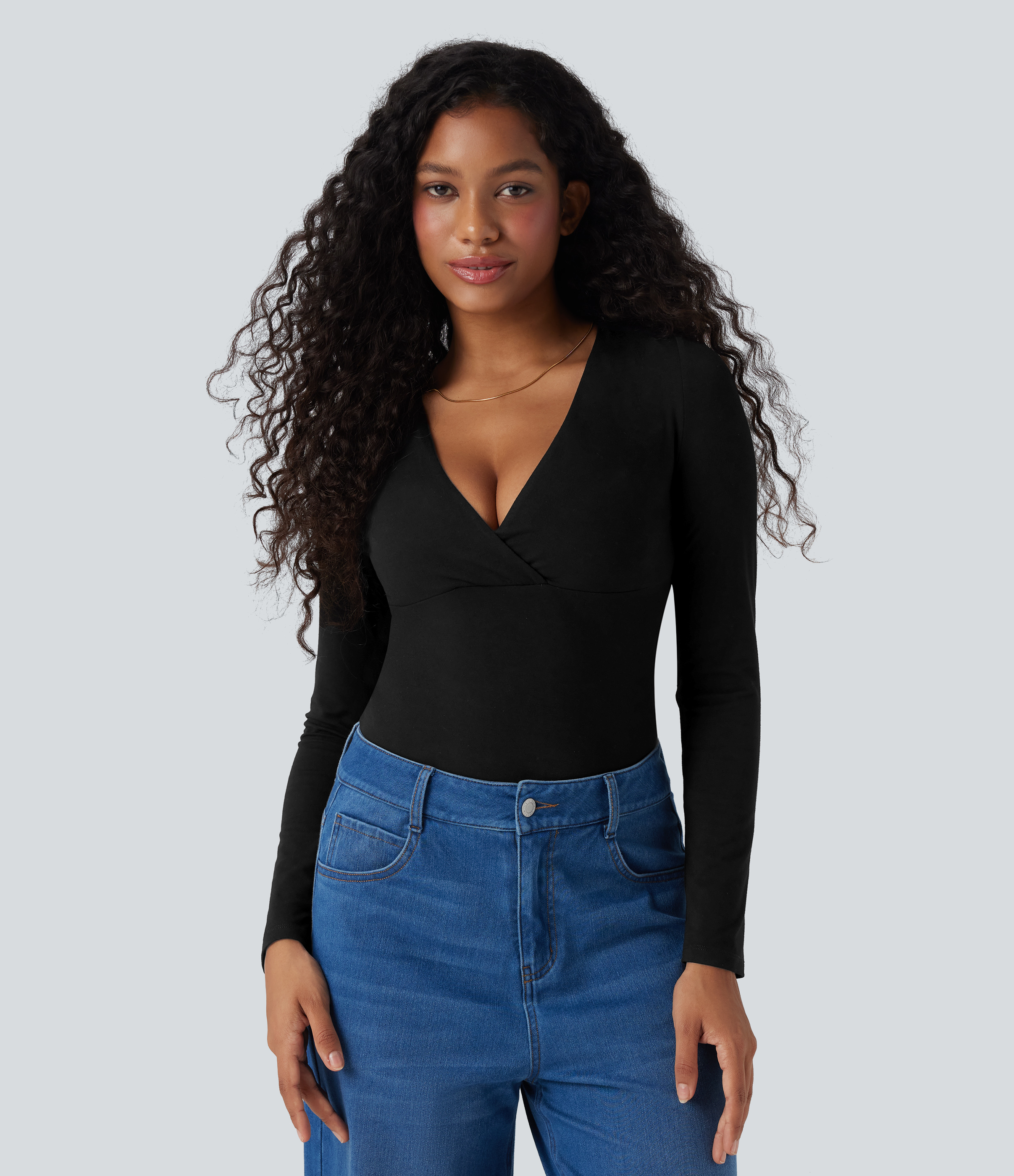 Black Top casual de manga larga con escote en V profundo / 1