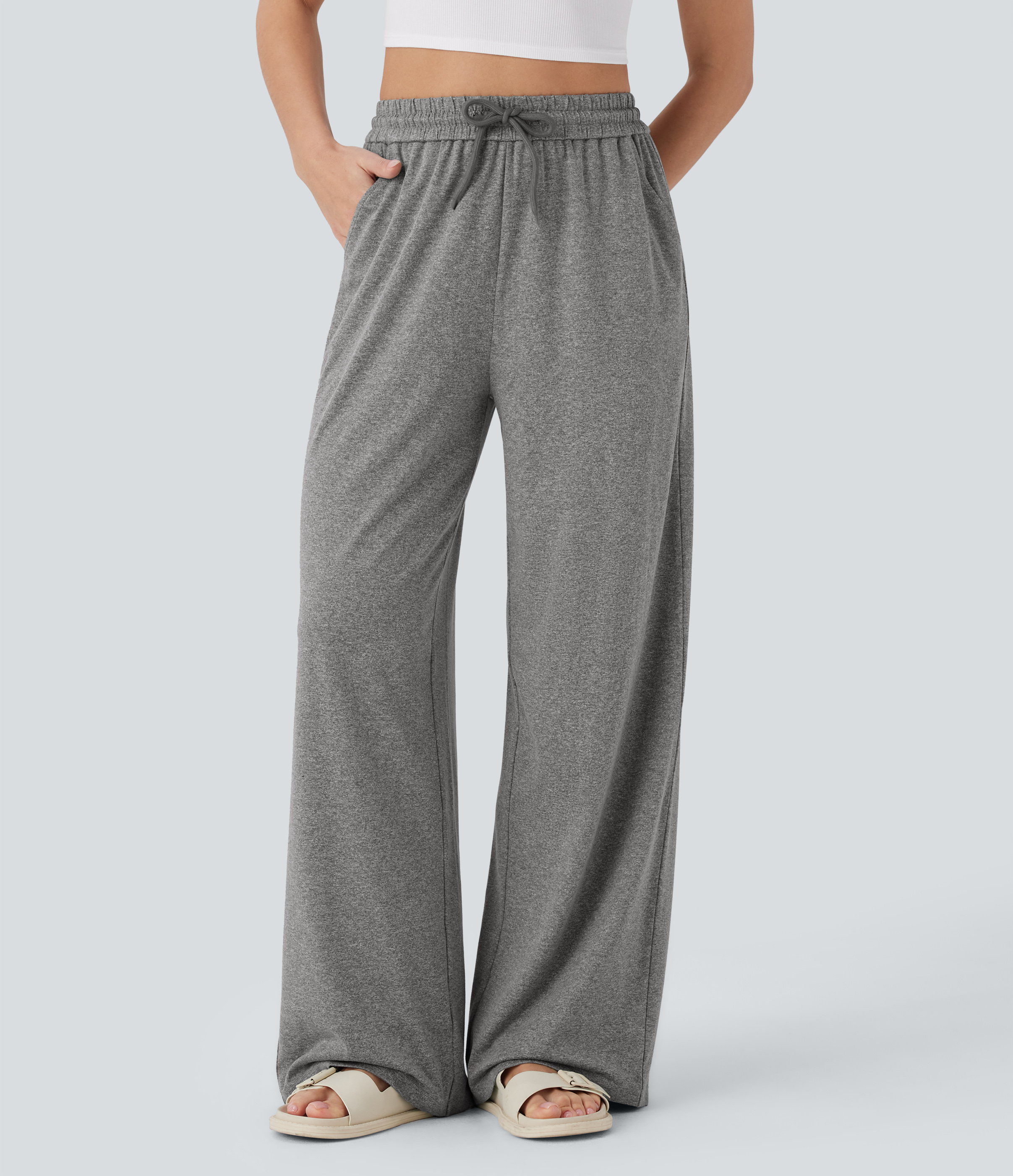 Pantalones casuales de pierna ancha con cintura alta y cordón con bolsillos