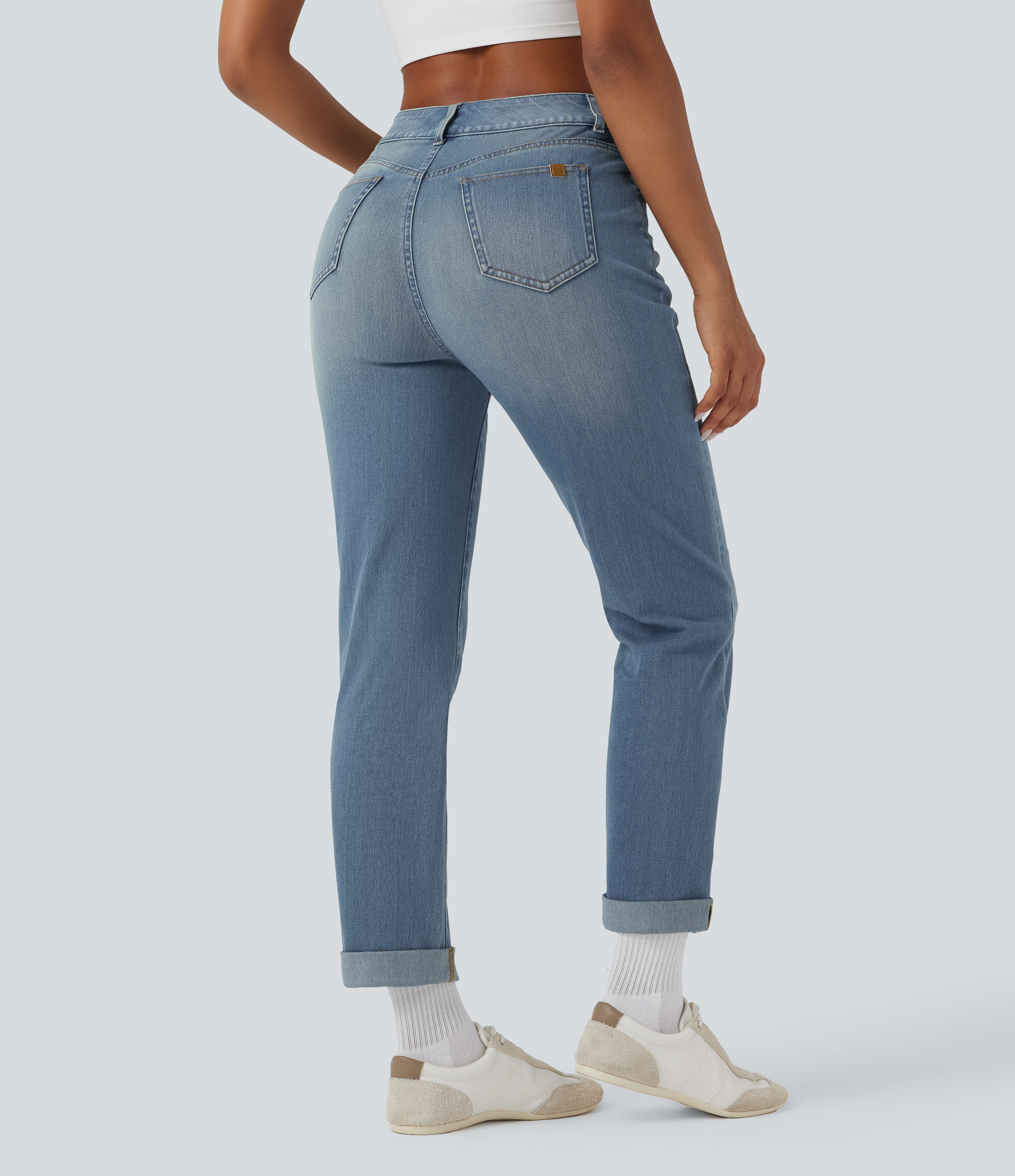 Malibu Blue Denim Jeans ajustados casuales Halara Flex™ de tiro alto con dobladillo enrollado y bolsillos / 2