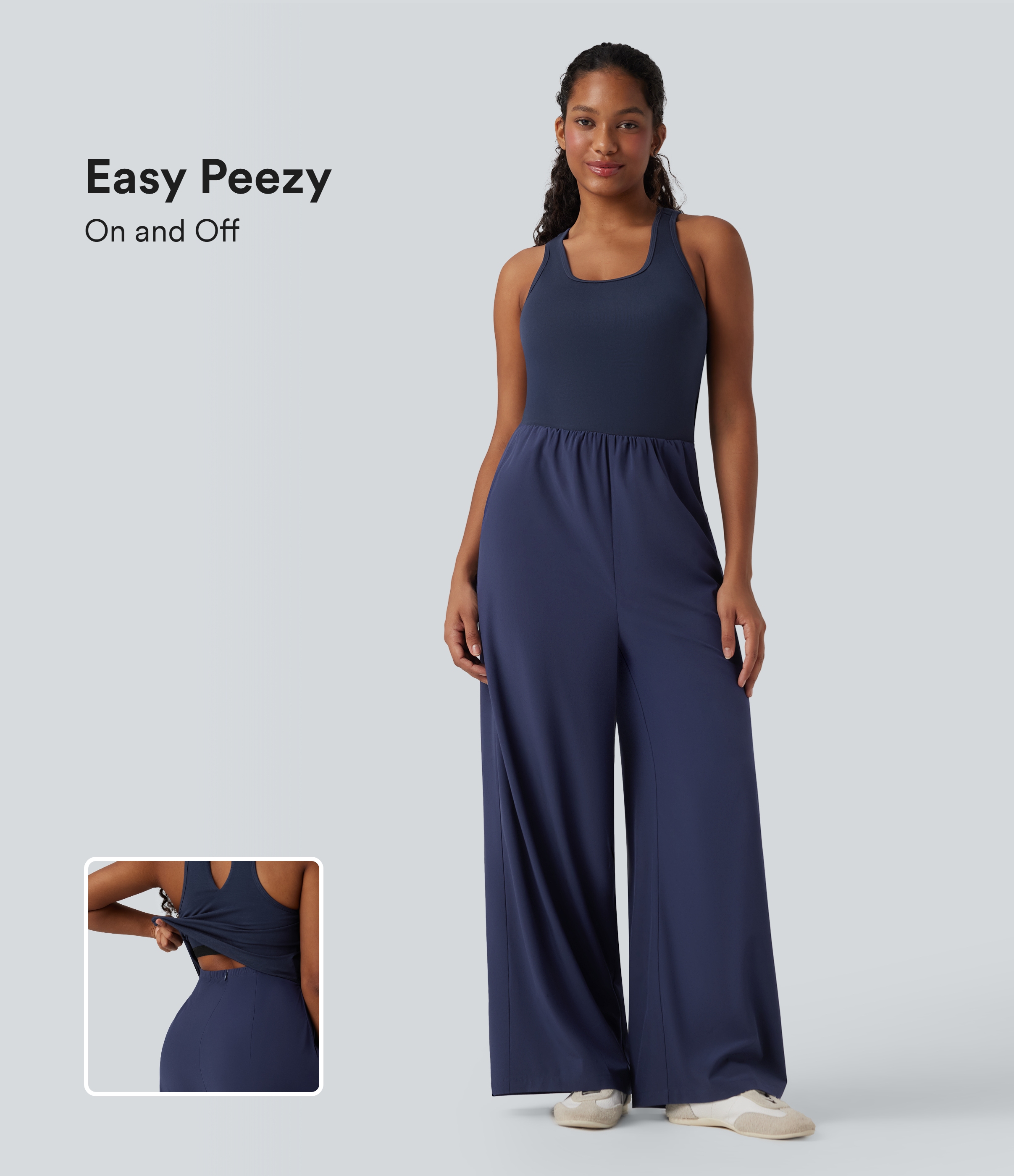 Patriot Blue Jumpsuit casual Breezeful™ sin mangas cut-out con secado rápido y bolsillos - Easy Peezy / 1