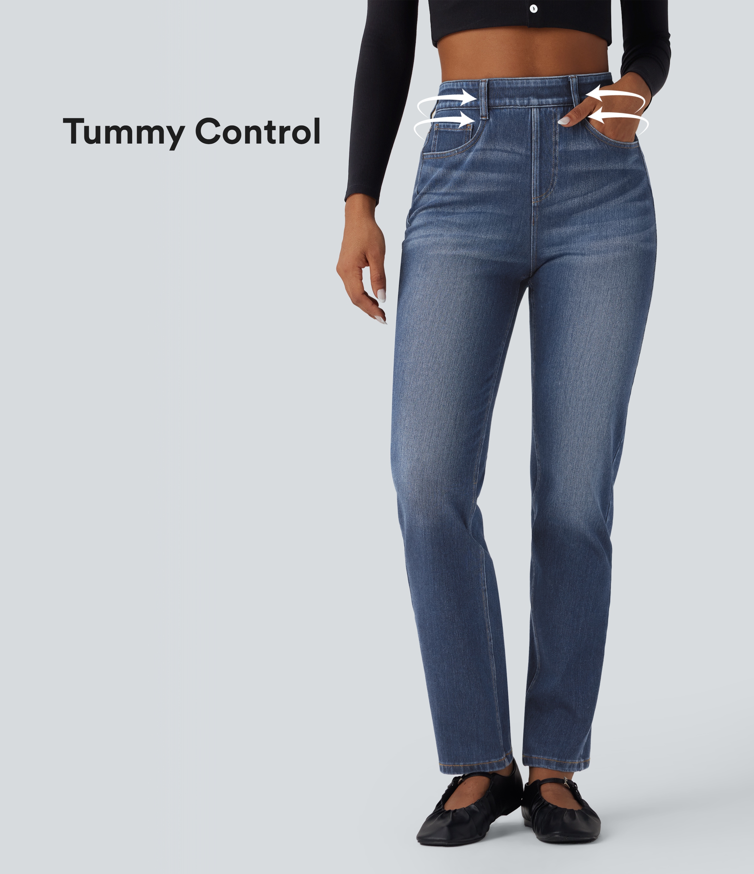 Halara Flex™ Høyt liv magekontroll vasket avslappet slim jeans med lommer