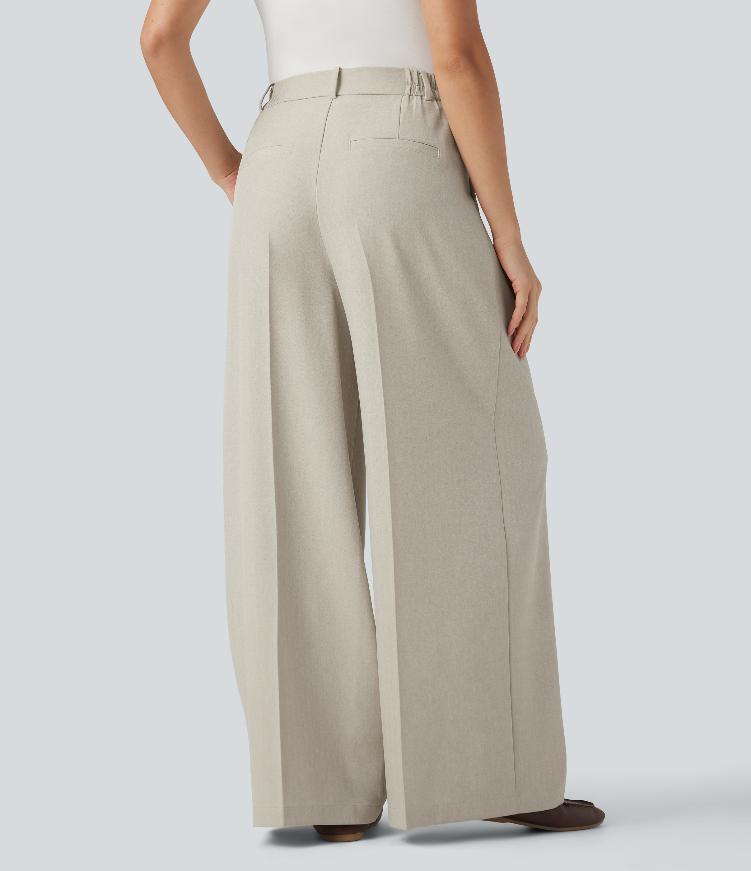 Warm Sandstone High Waisted Wide Leg Work Linen-Feel Trousers with Pockets / 2